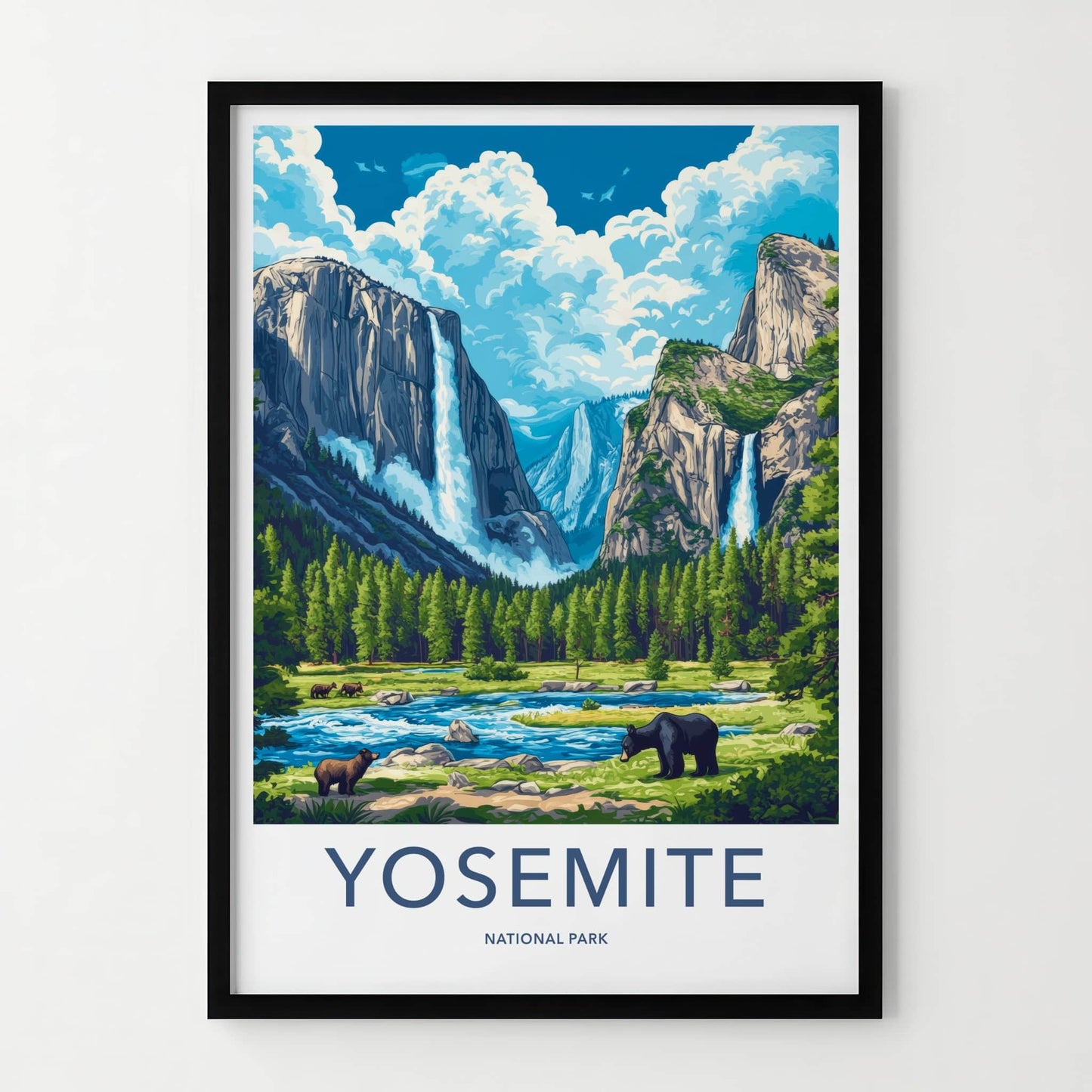 Yosemite National Park Poster - California Travel Art - Cliffs Waterfalls Bears Wall Decor