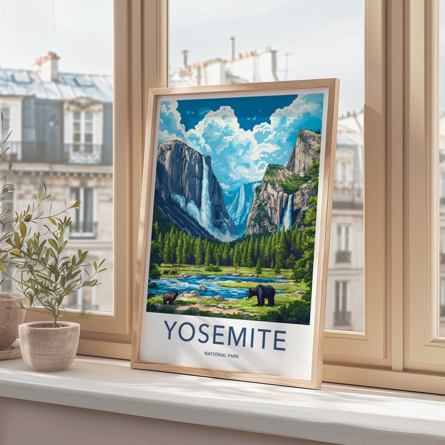 Yosemite National Park Poster - California Travel Art - Cliffs Waterfalls Bears Wall Decor