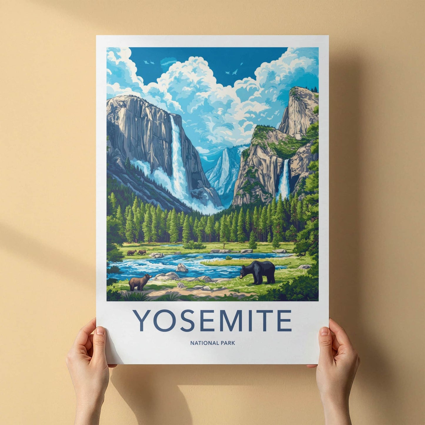 Yosemite National Park Poster - California Travel Art - Cliffs Waterfalls Bears Wall Decor