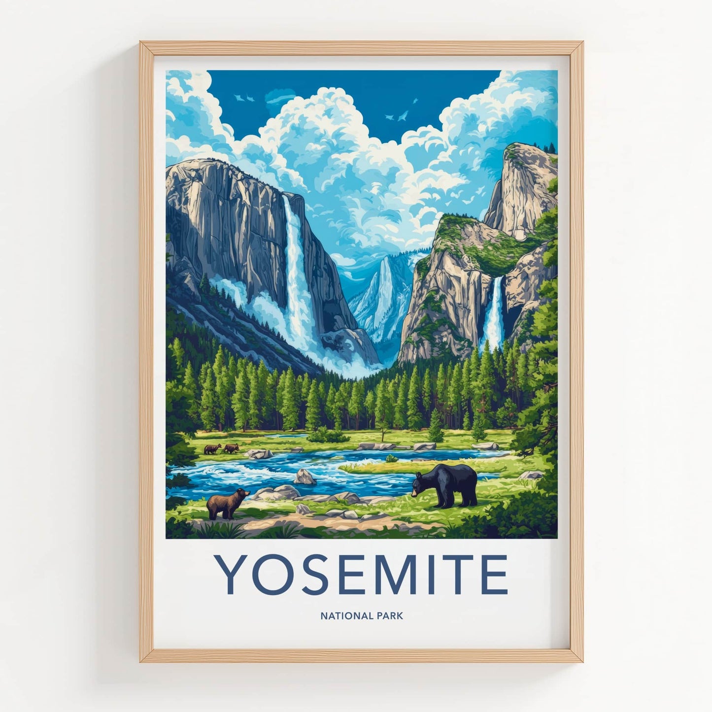 Yosemite National Park Poster - California Travel Art - Cliffs Waterfalls Bears Wall Decor