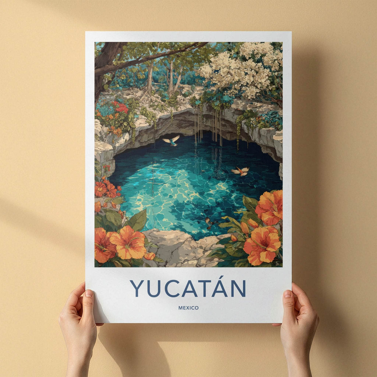 Yucatan Poster - Mexico Travel Art - Cenote Tropical Birds Gift