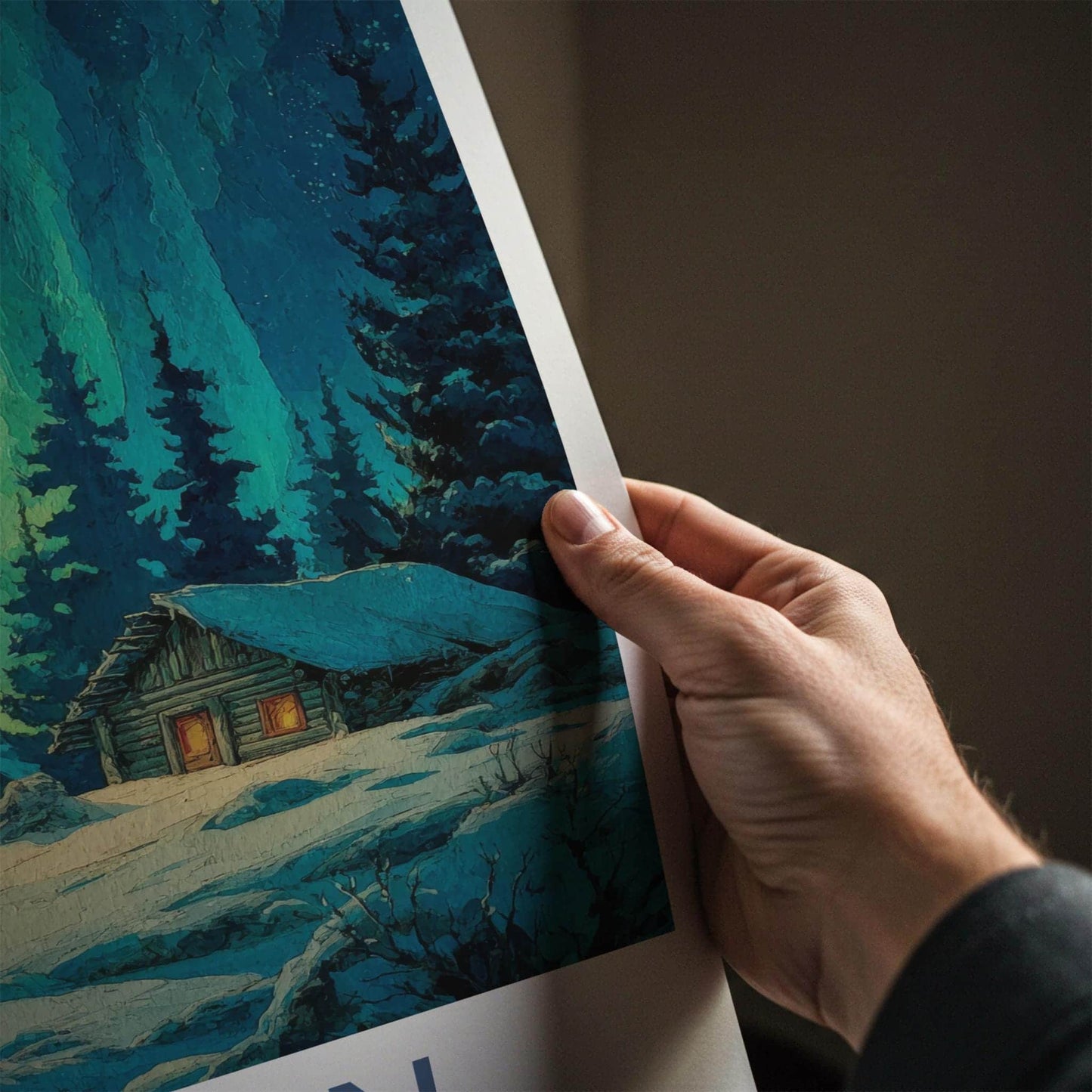 Yukon Poster - Canada Travel Art - Moonlit Cabin Aurora Home Decor