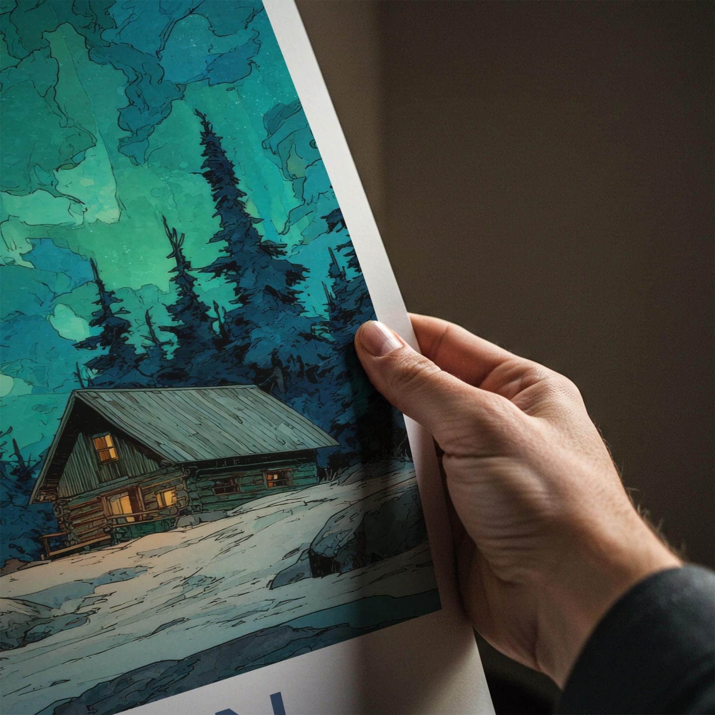 Yukon Poster - Canada Travel Art - Northern Lights Cabin Wall Decor