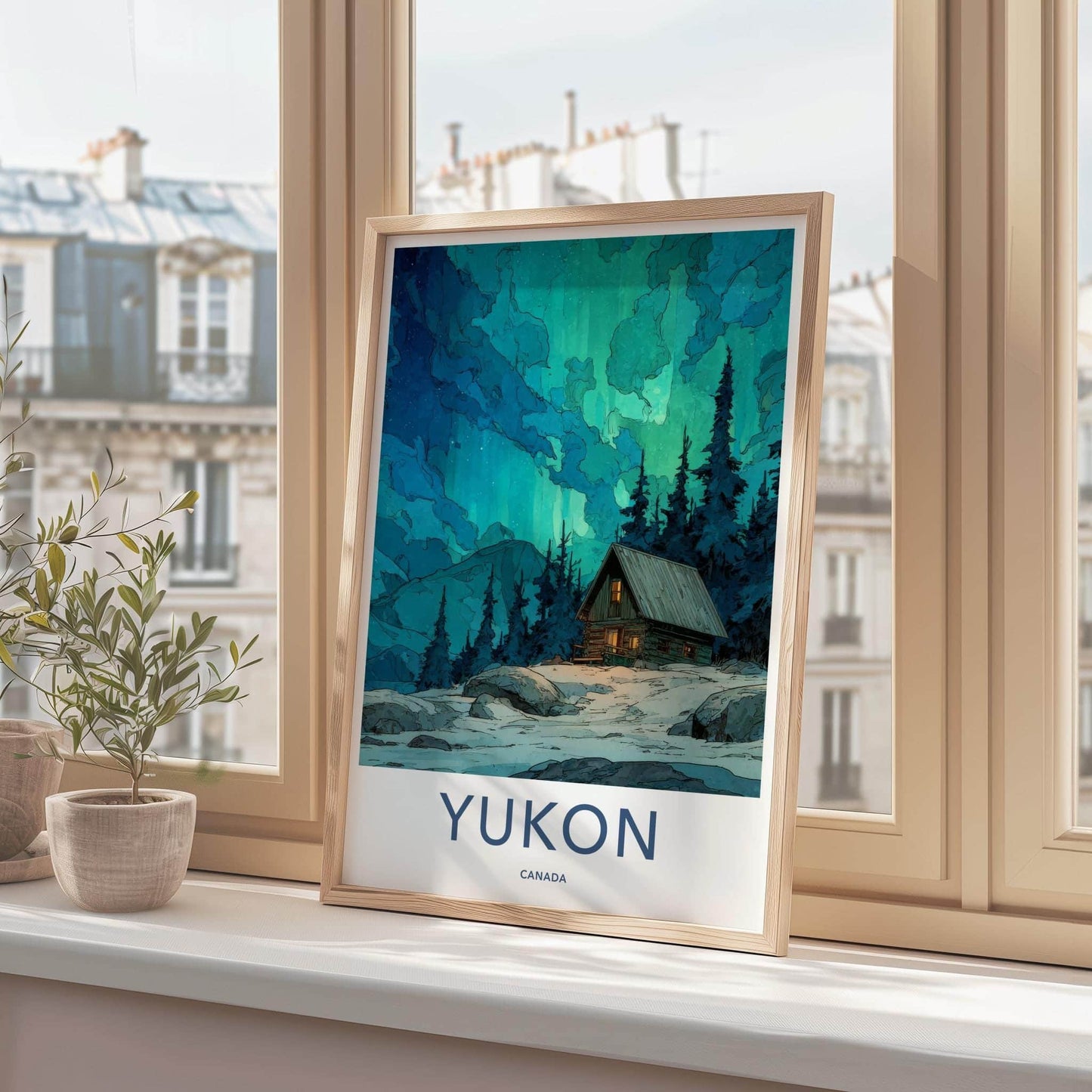 Yukon Poster - Canada Travel Art - Northern Lights Cabin Wall Decor