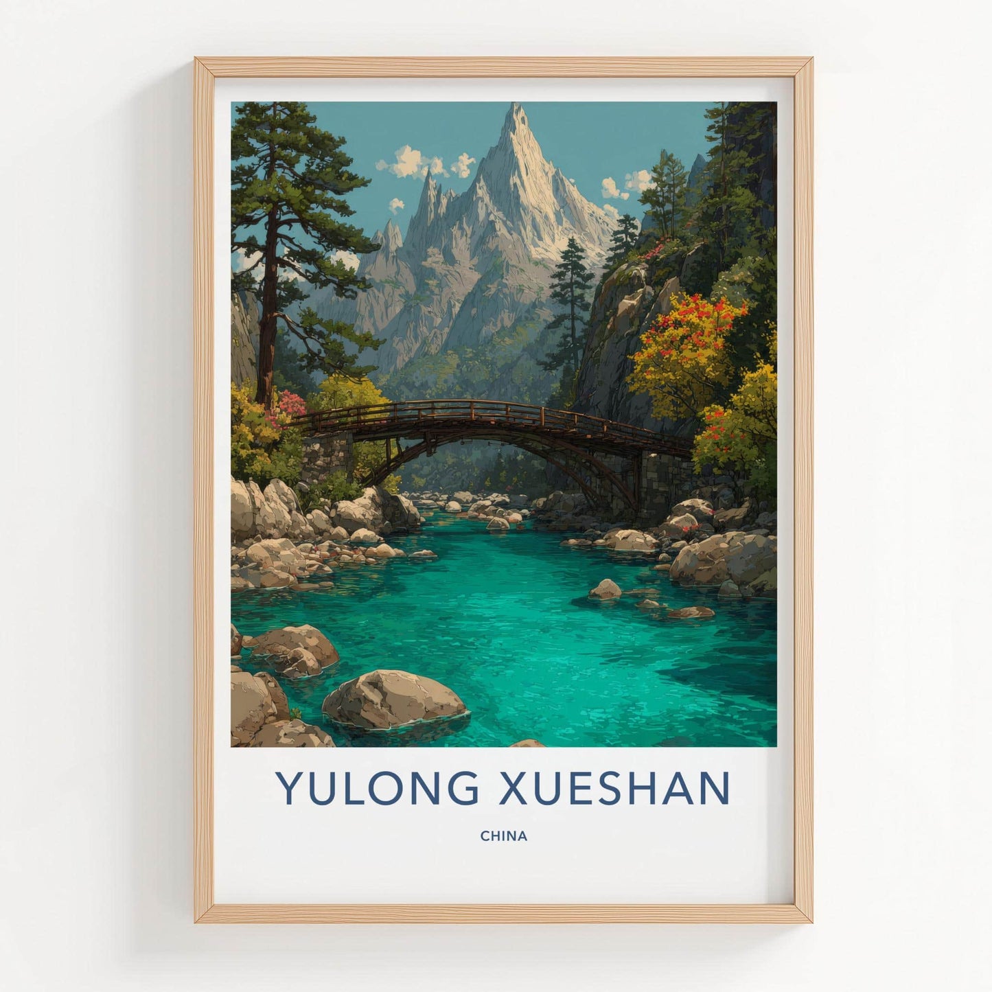 Yulong Xueshan Poster - China Travel Art - Mountain River Bridge Home Decor
