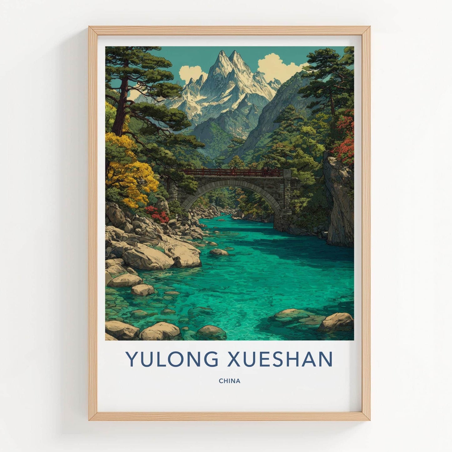 Yulong Xueshan Poster - China Travel Art - Mountain River Bridge Home Decor