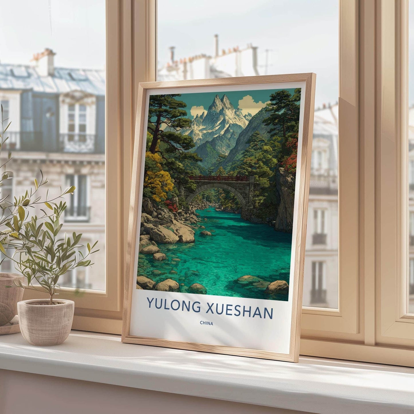 Yulong Xueshan Poster - China Travel Art - Mountain River Bridge Home Decor