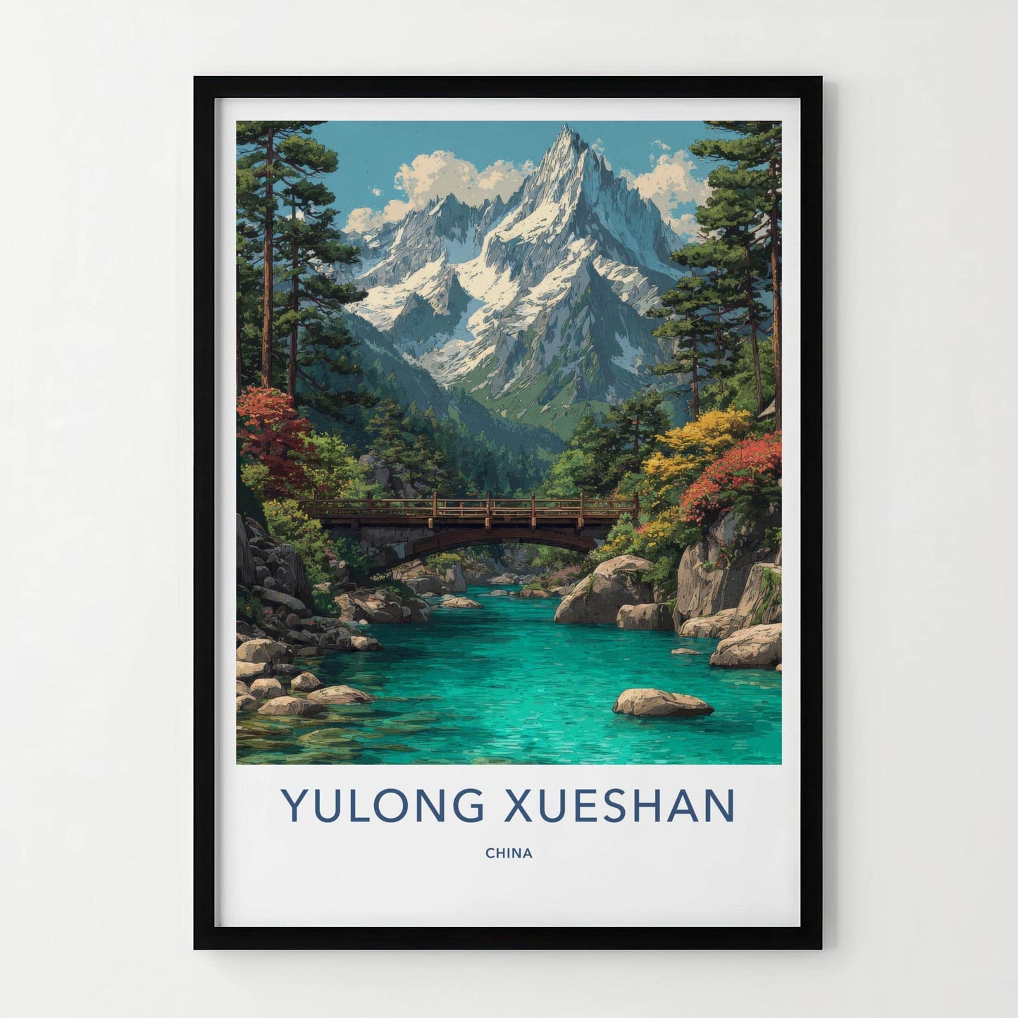 Yulong Xueshan Poster - China Travel Art - Snowy River Bridge Home Decor