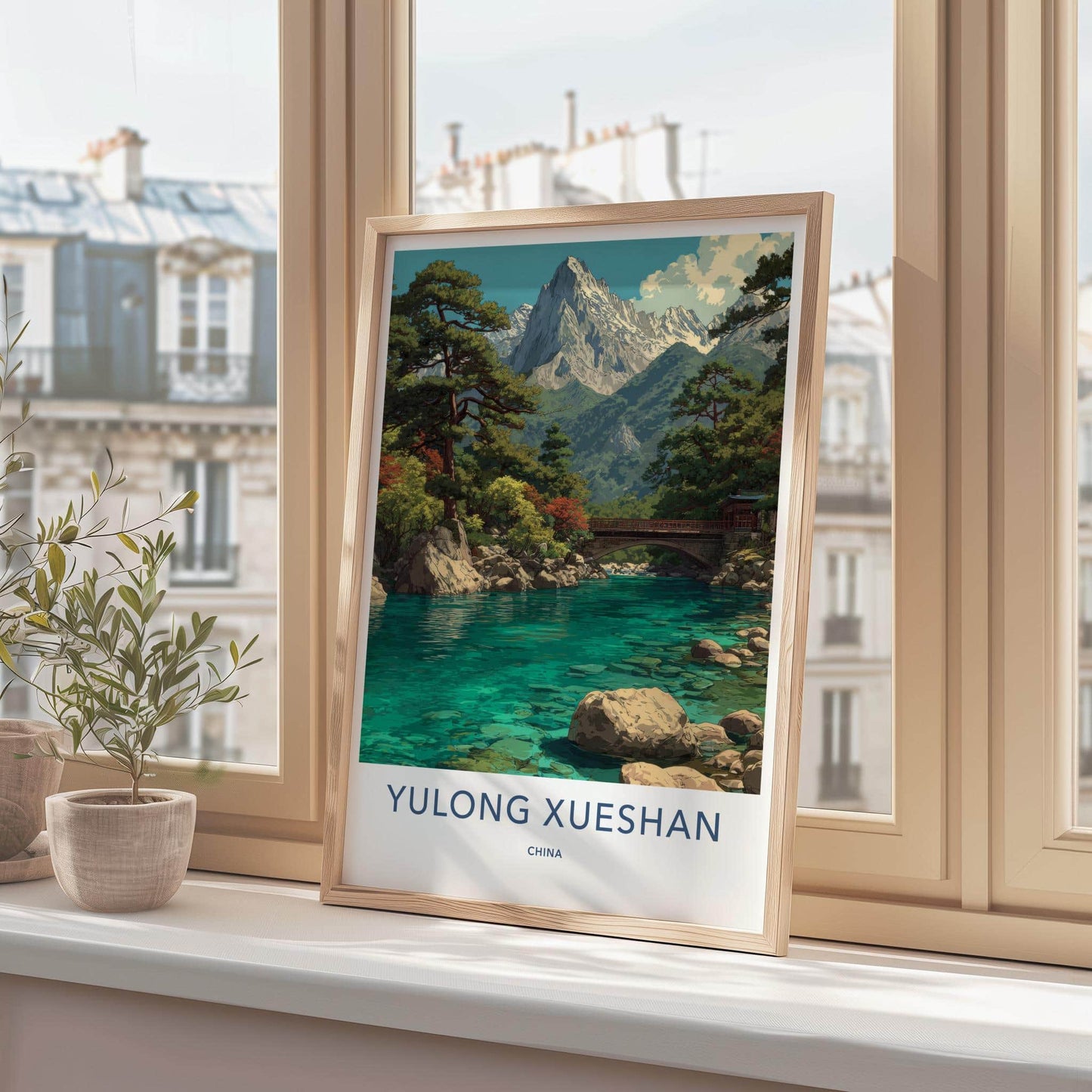 Yulong Xueshan Poster - China Travel Art - Turquoise River Bridge Home Decor