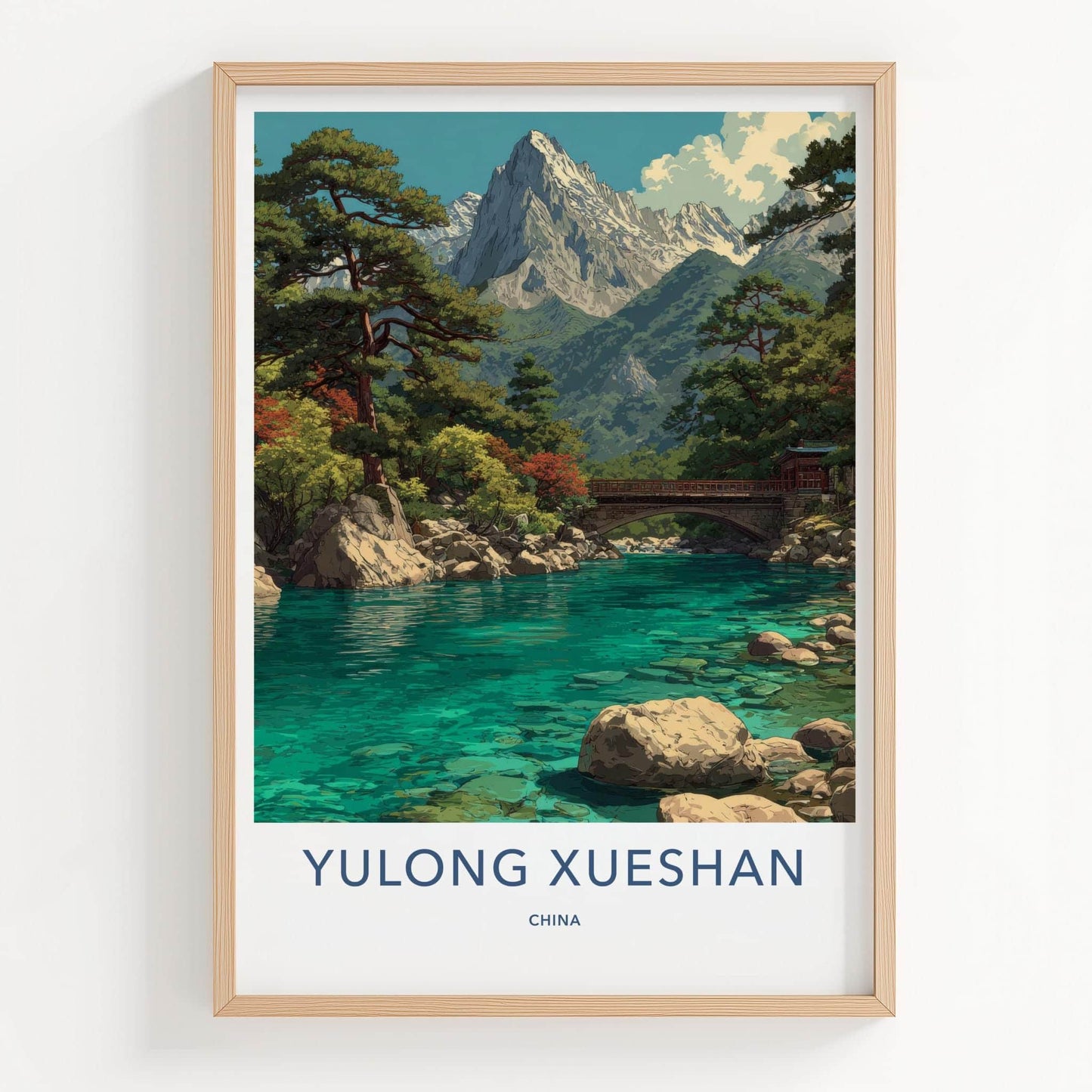 Yulong Xueshan Poster - China Travel Art - Turquoise River Bridge Home Decor