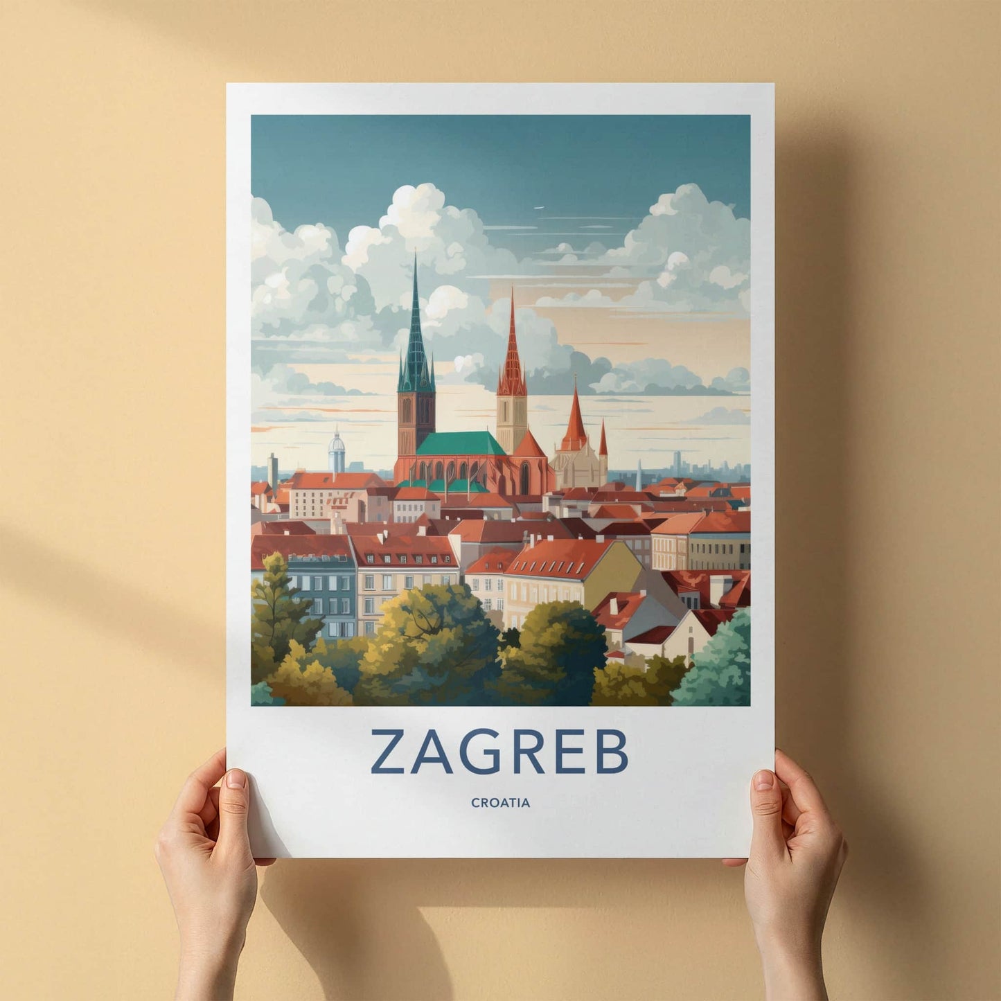 Zagreb Poster - Croatia Travel Art - Historic City Rooftops Home Decor