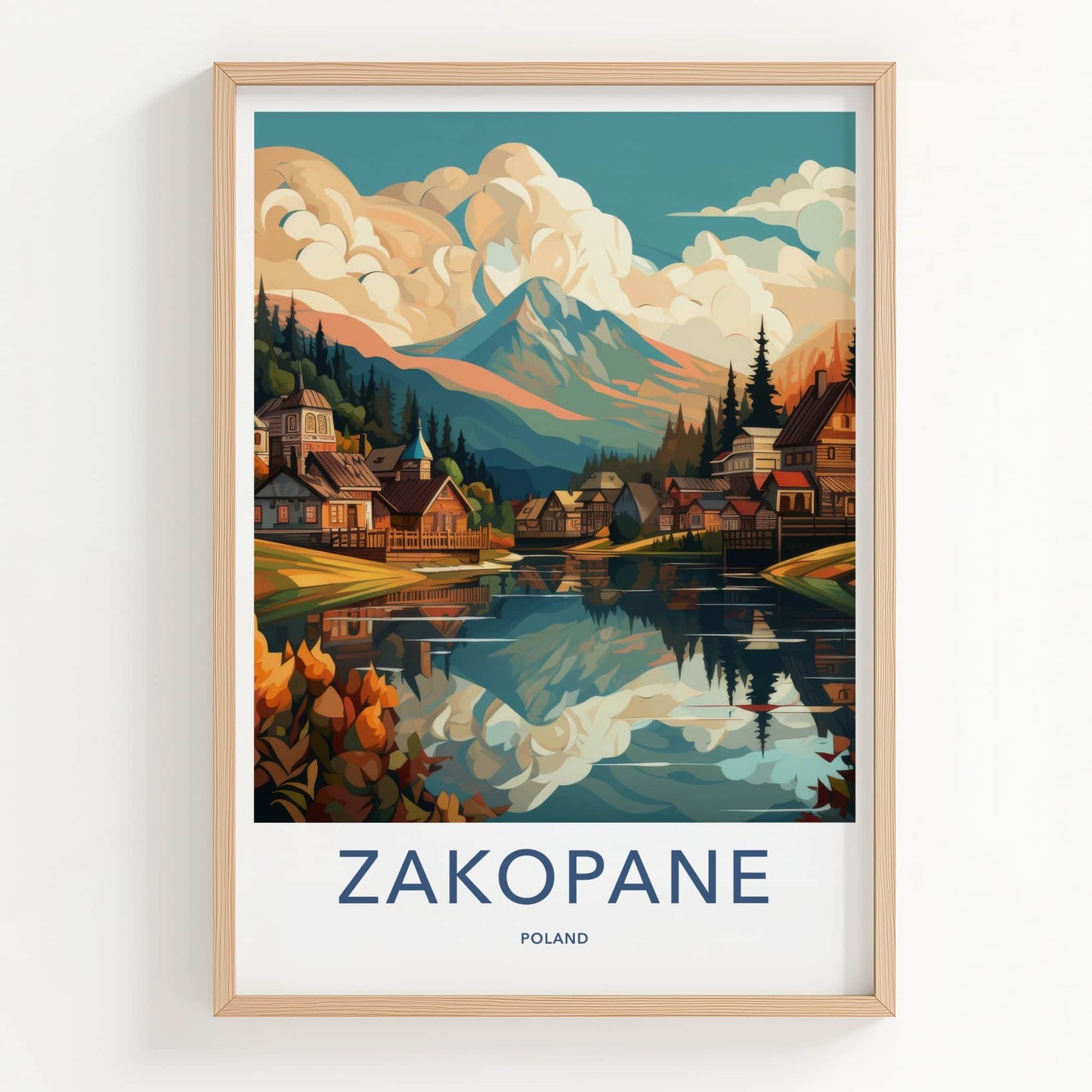 Zakopane Poster - Poland Travel Art - Reflected Mountain Village Home Decor