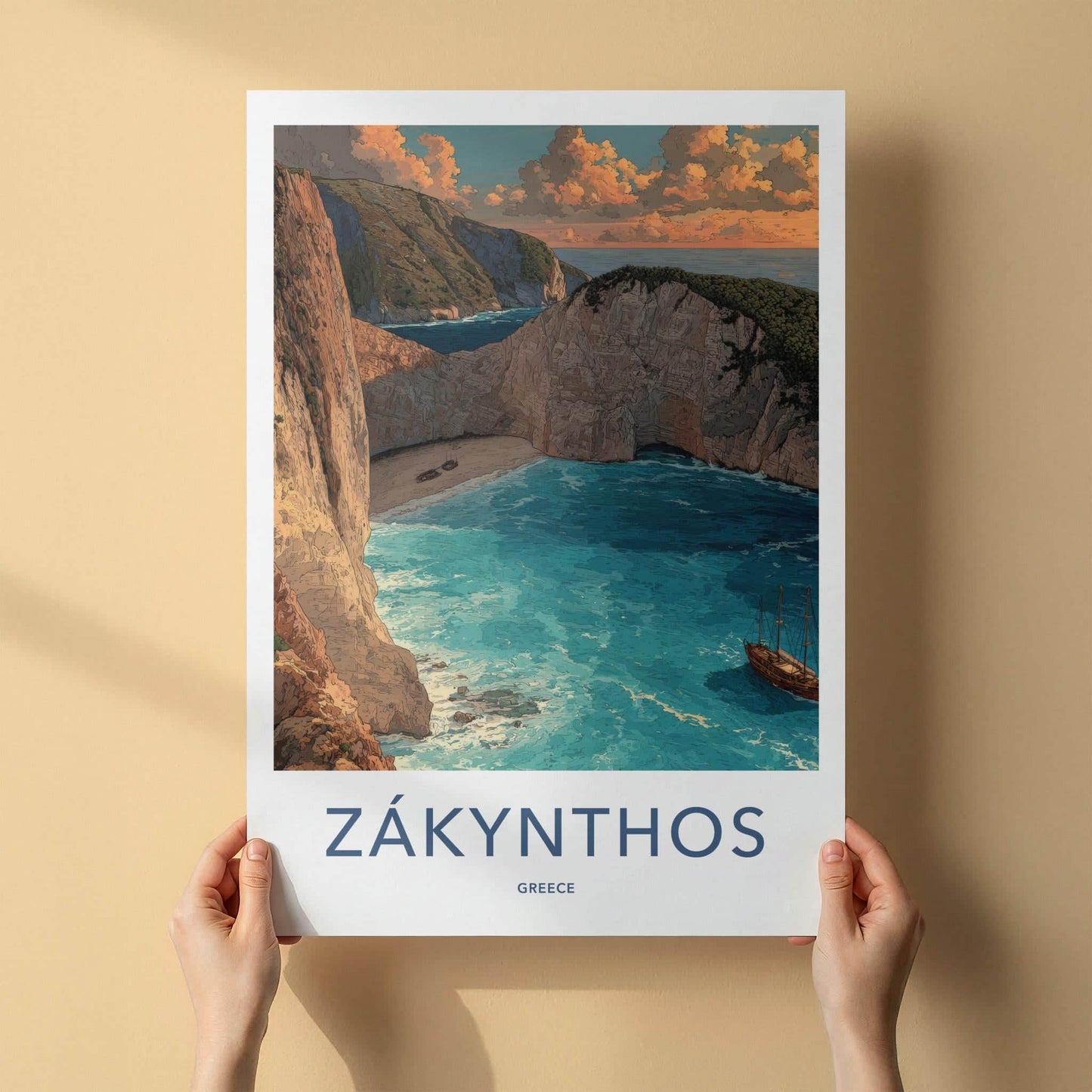 Zakynthos Poster - Greece Framed Print - Navagio Beach Cliffs Lounge Decor