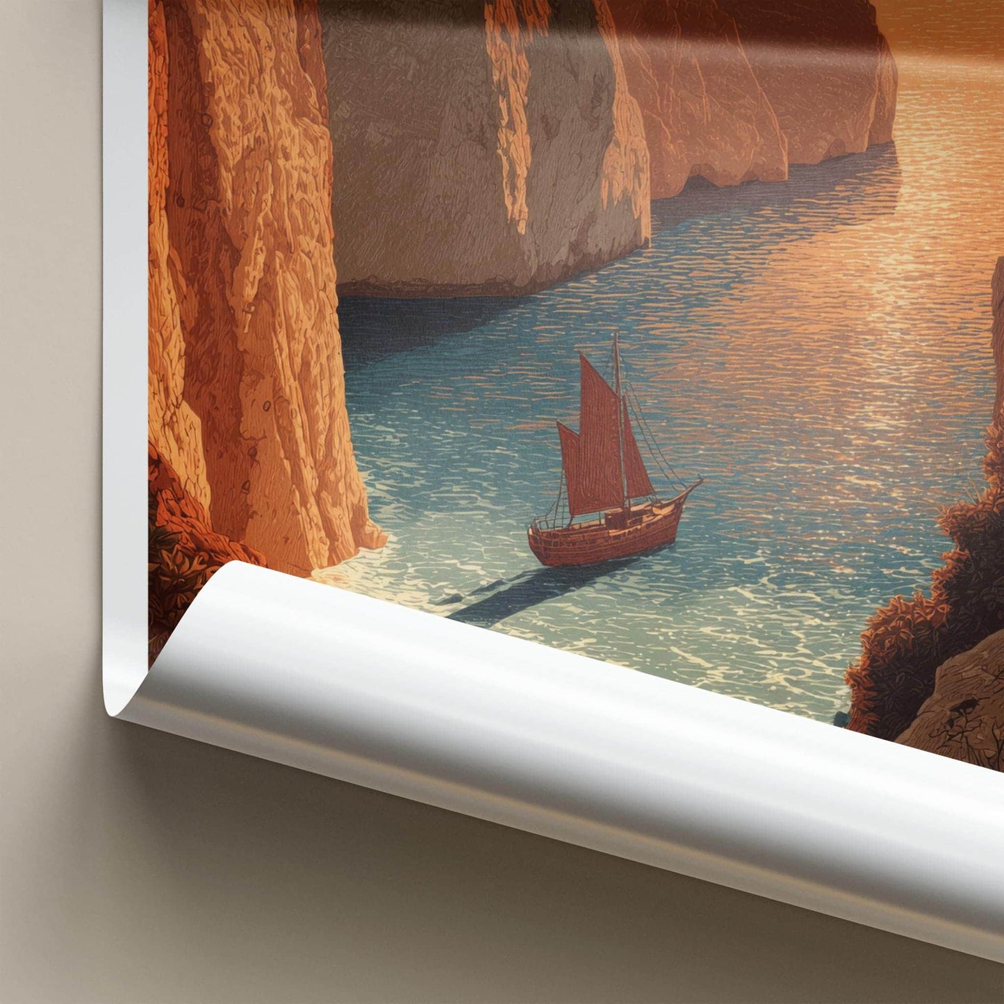 Zakynthos Poster - Greece Travel Art - Orange Cliff Sailboat Home Decor