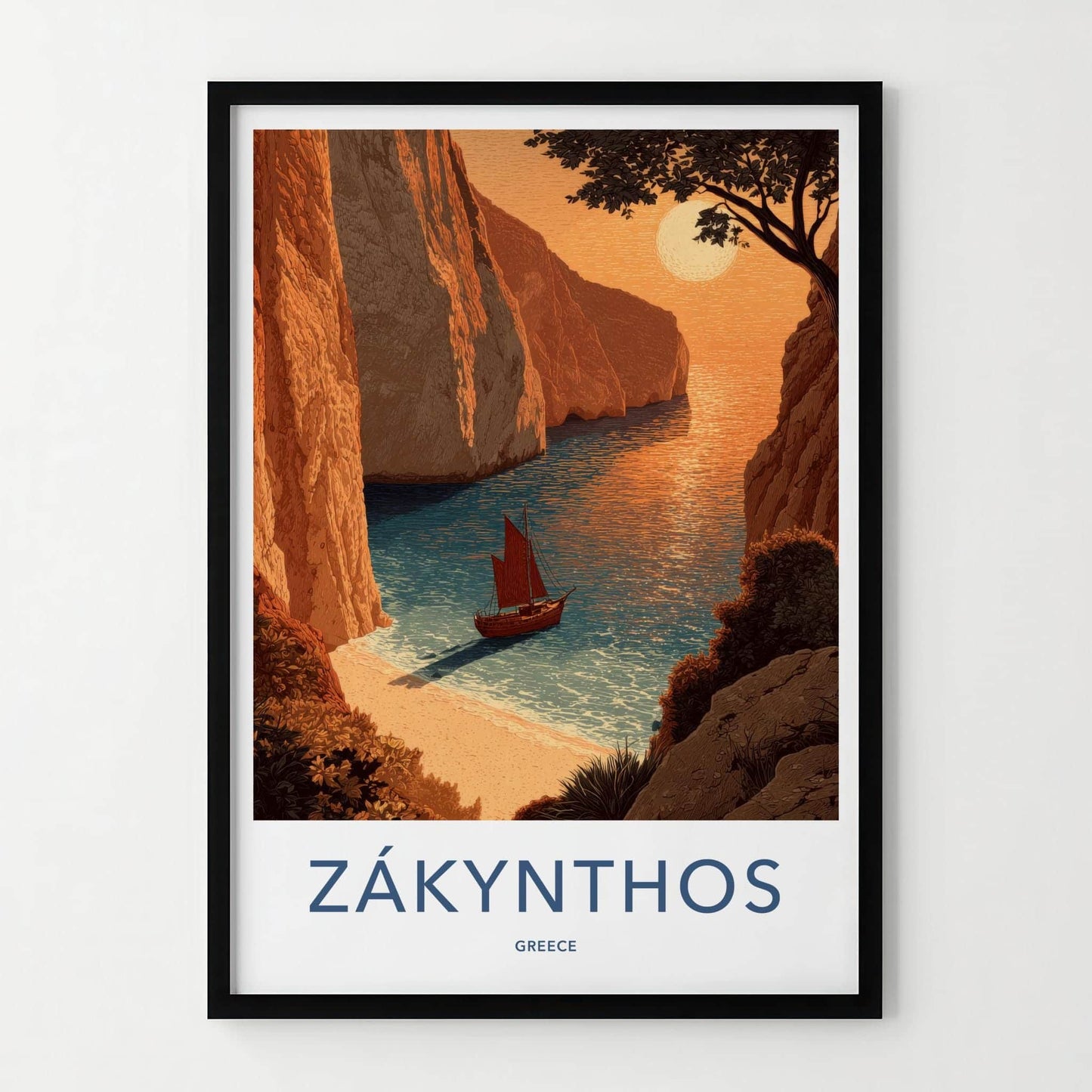 Zakynthos Poster - Greece Travel Art - Orange Cliff Sailboat Home Decor