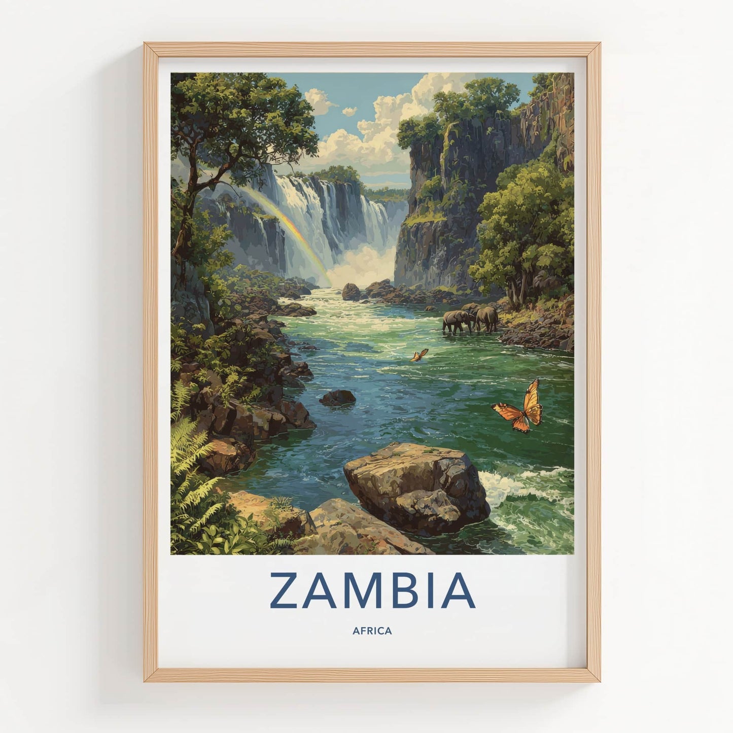 Zambia Poster - Zambia Travel Art - Cascading Falls Rainbow Home Decor