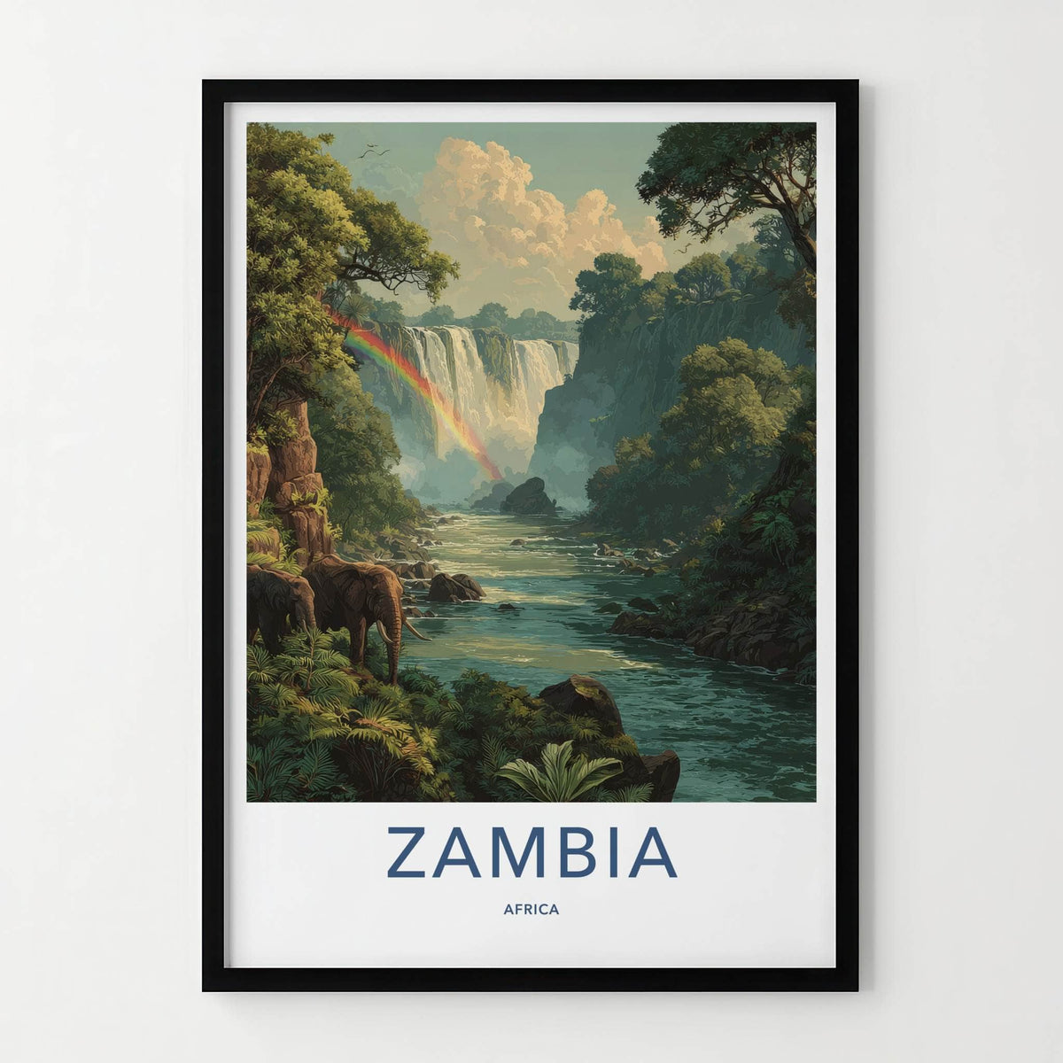 Zambia Poster - Zambia Travel Art - Cascading Rainbow Elephants Home Decor