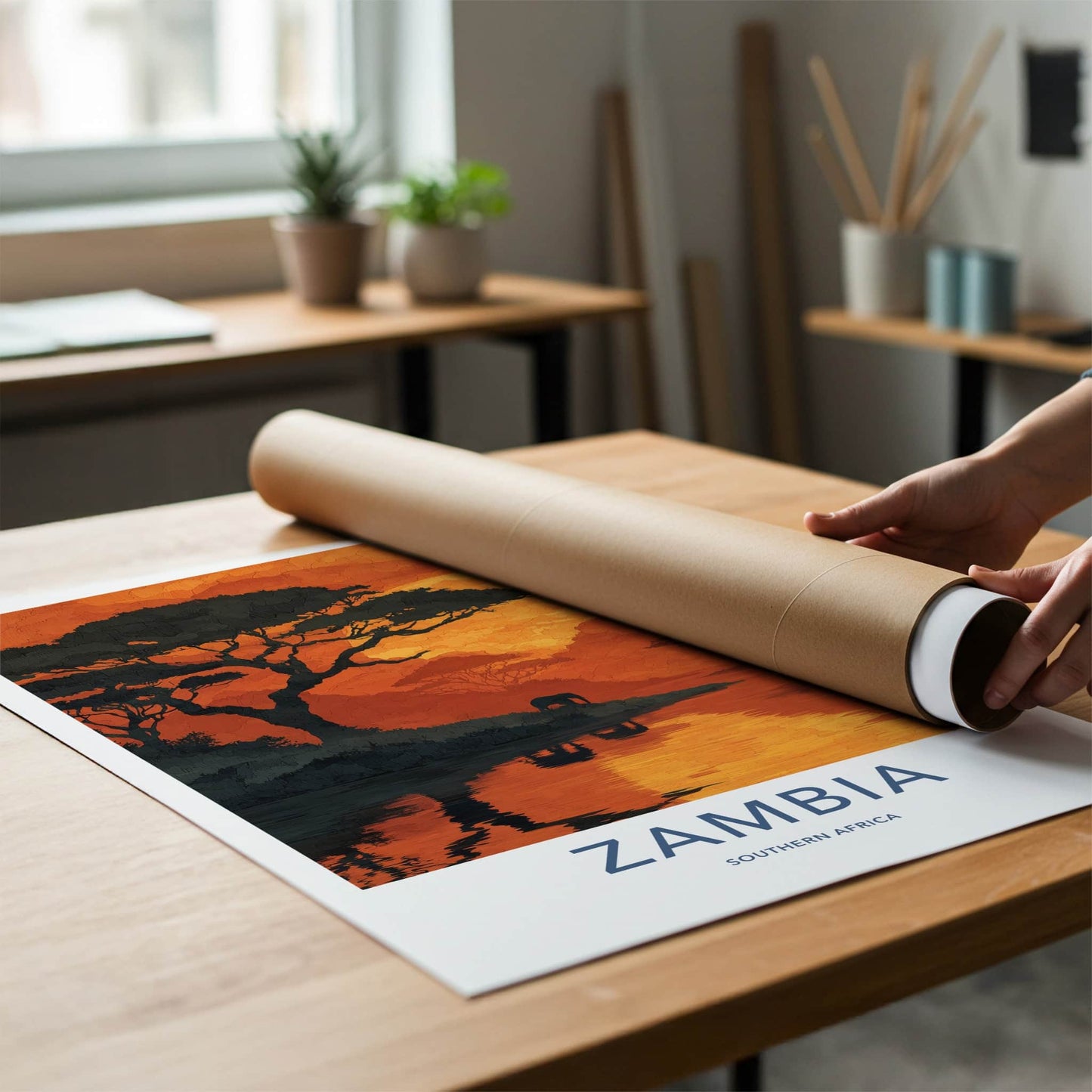 Zambia Poster - Zambia Travel Art - Sunset River Elephant Home Decor