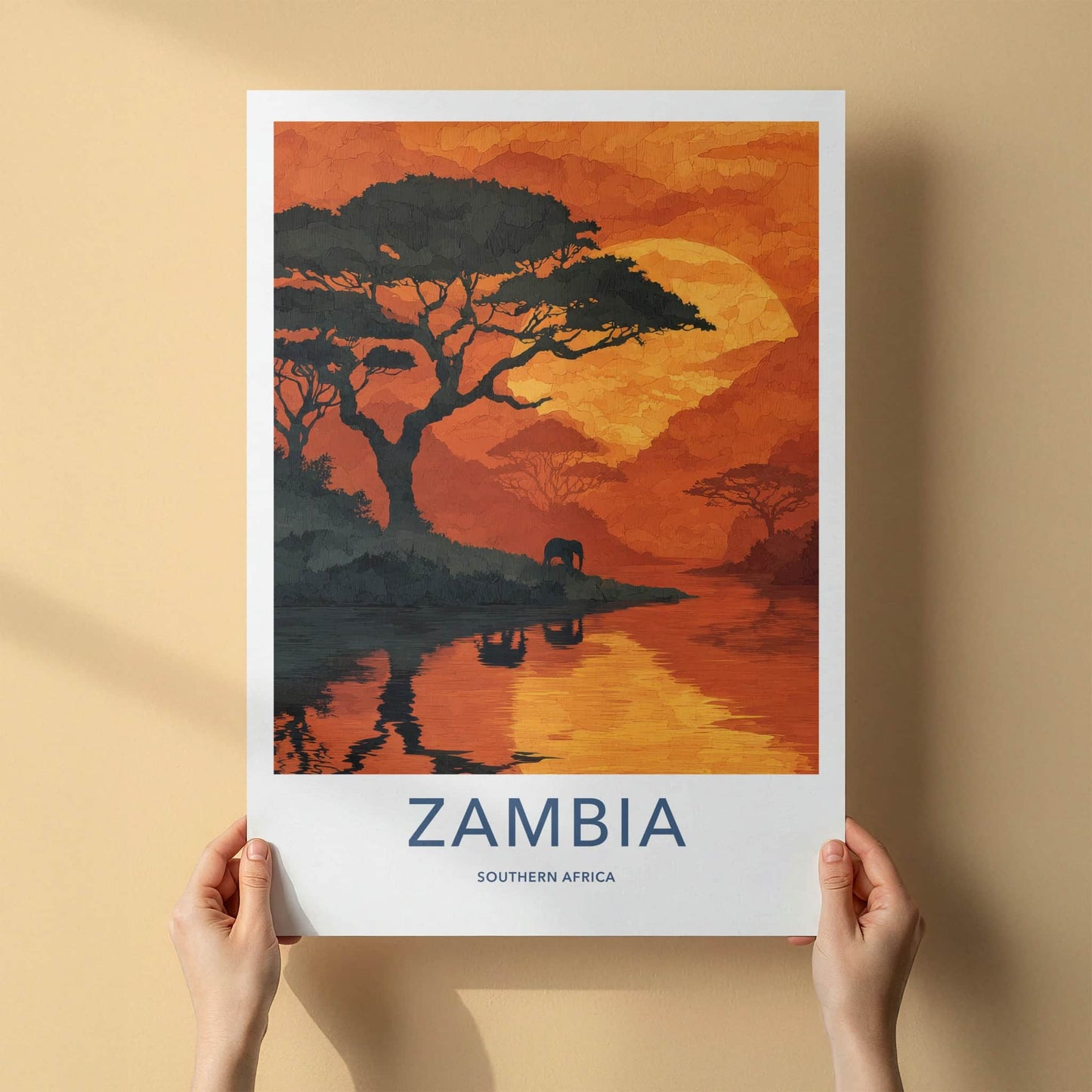 Zambia Poster - Zambia Travel Art - Sunset River Elephant Home Decor