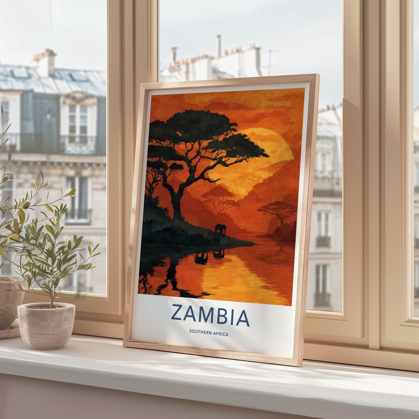 Zambia Poster - Zambia Travel Art - Sunset River Elephant Home Decor