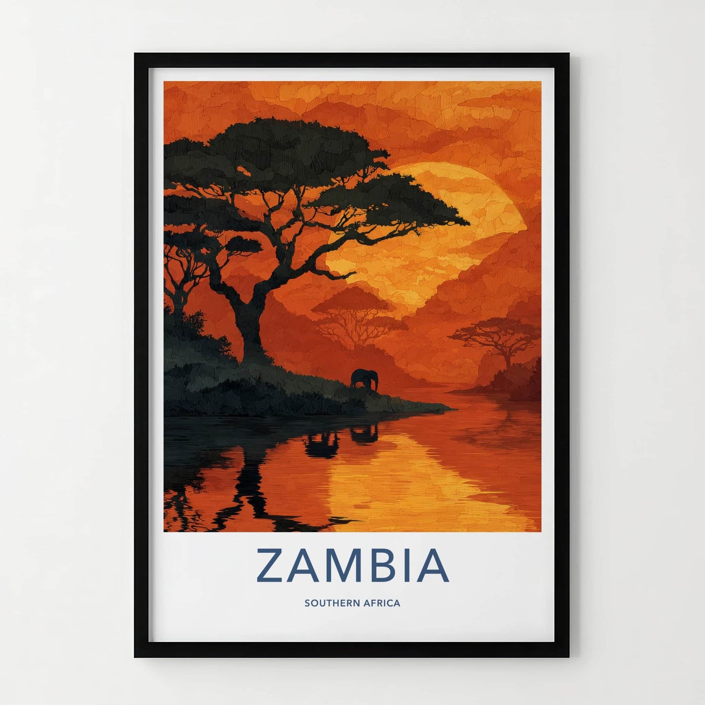 Zambia Poster - Zambia Travel Art - Sunset River Elephant Home Decor