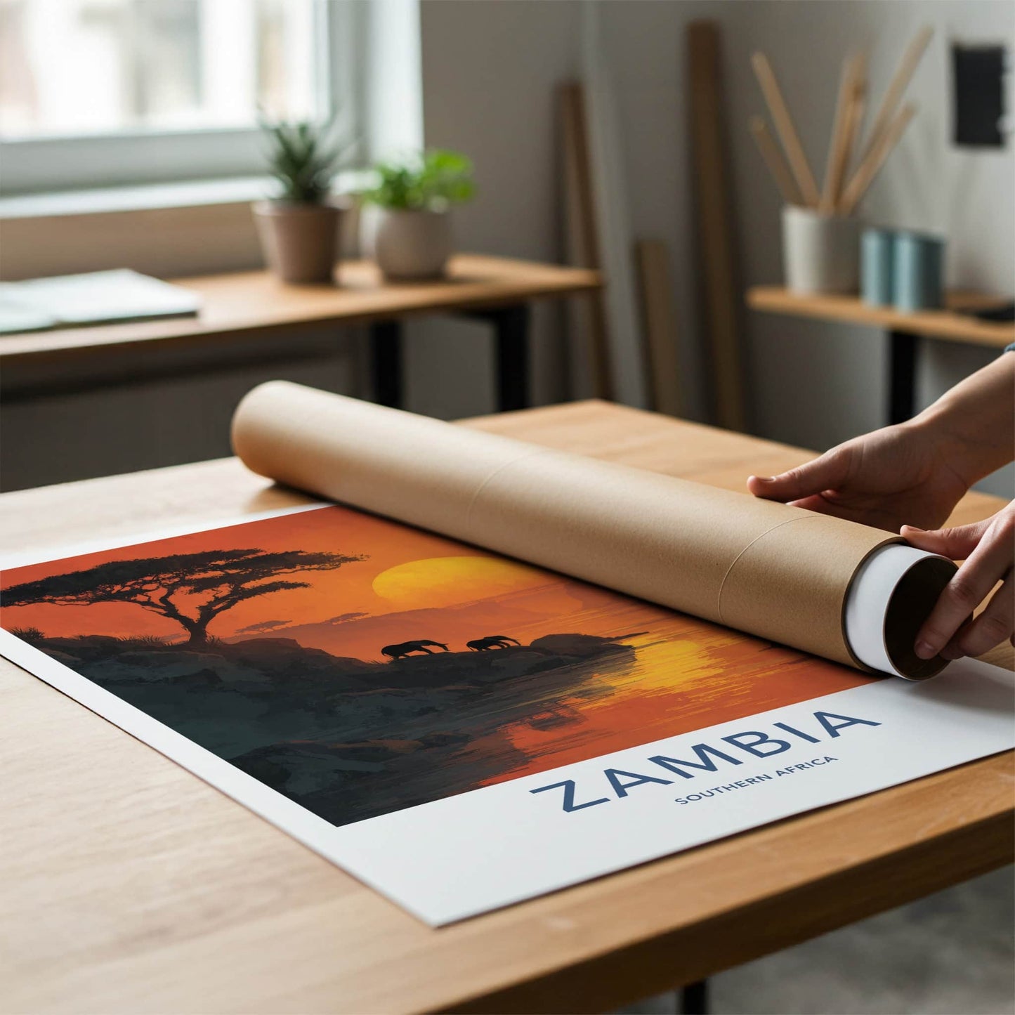 Zambia Poster - Zambia Travel Art - Sunset River Elephants Home Decor