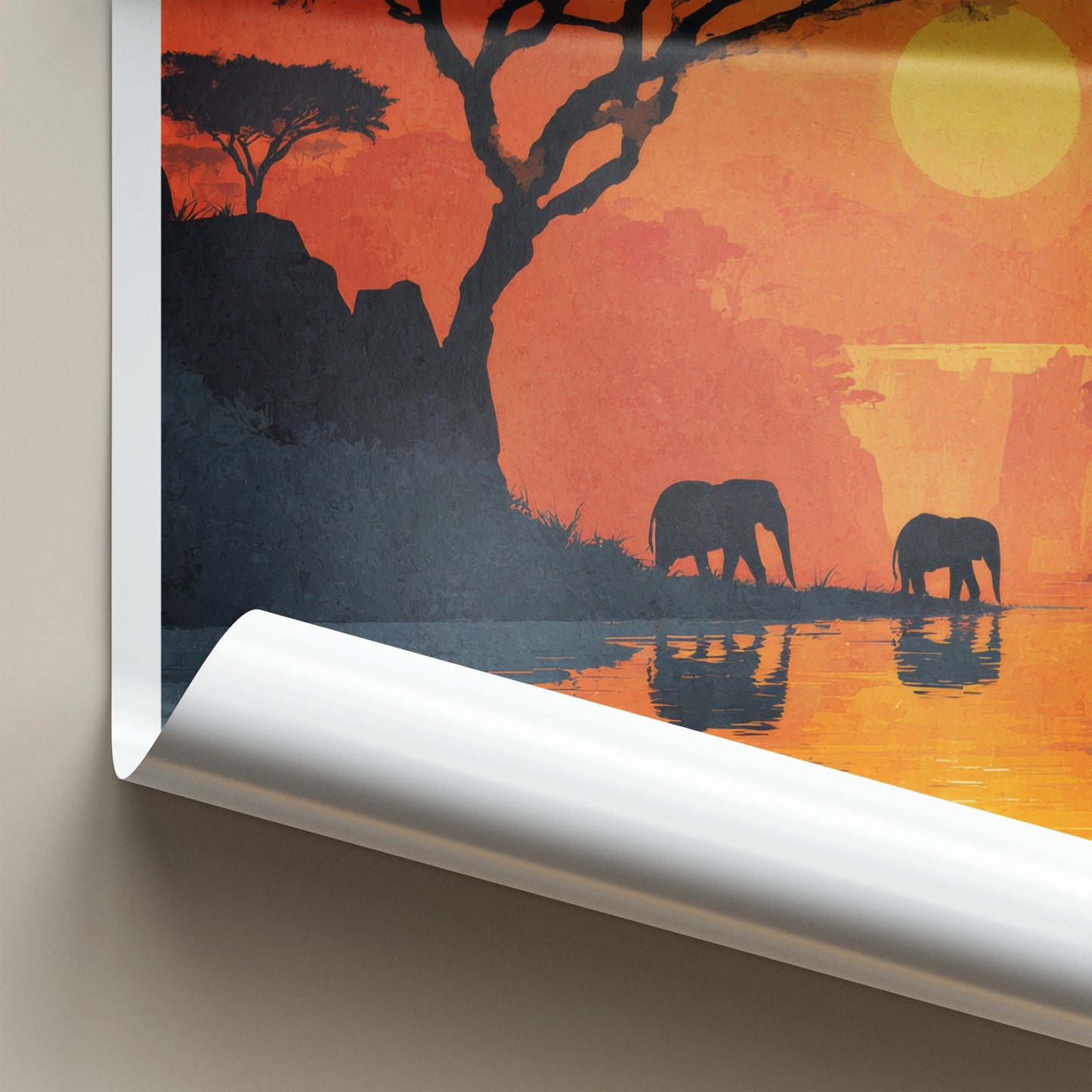 Zambia Poster - Zambia Travel Print - Elephants Sunset Lake Home Decor