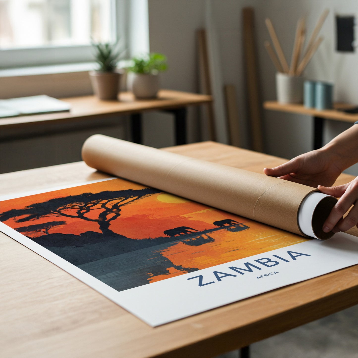 Zambia Poster - Zambia Travel Print - Elephants Sunset Lake Home Decor