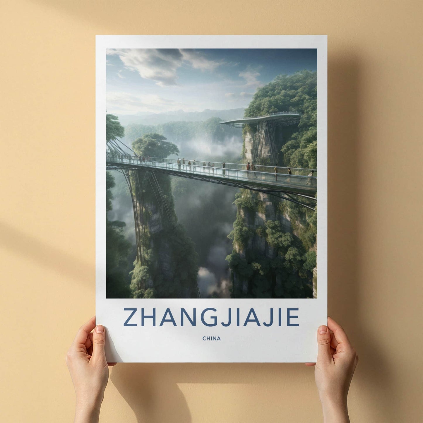 Zhangjiajie Poster - China Travel Art - Misty Gorge Bridge Home Decor