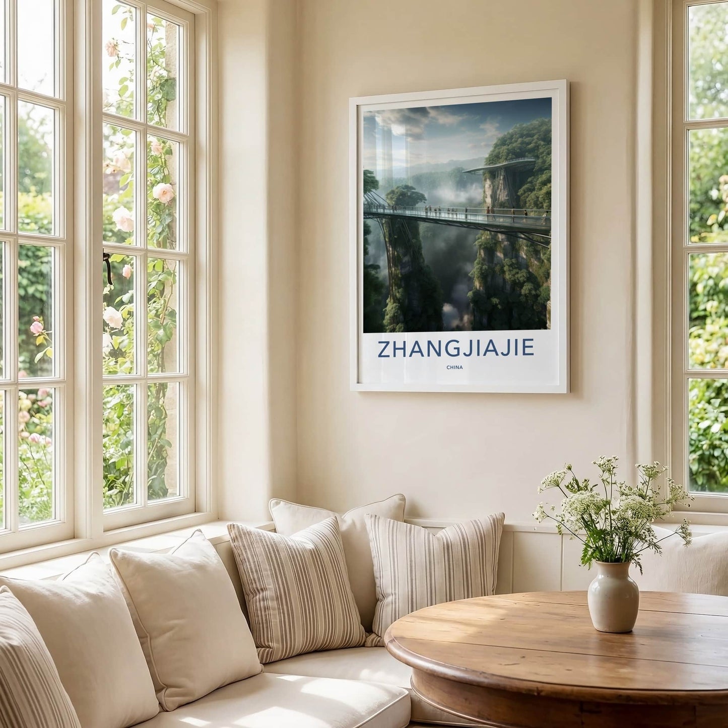 Zhangjiajie Poster - China Travel Art - Misty Gorge Bridge Home Decor