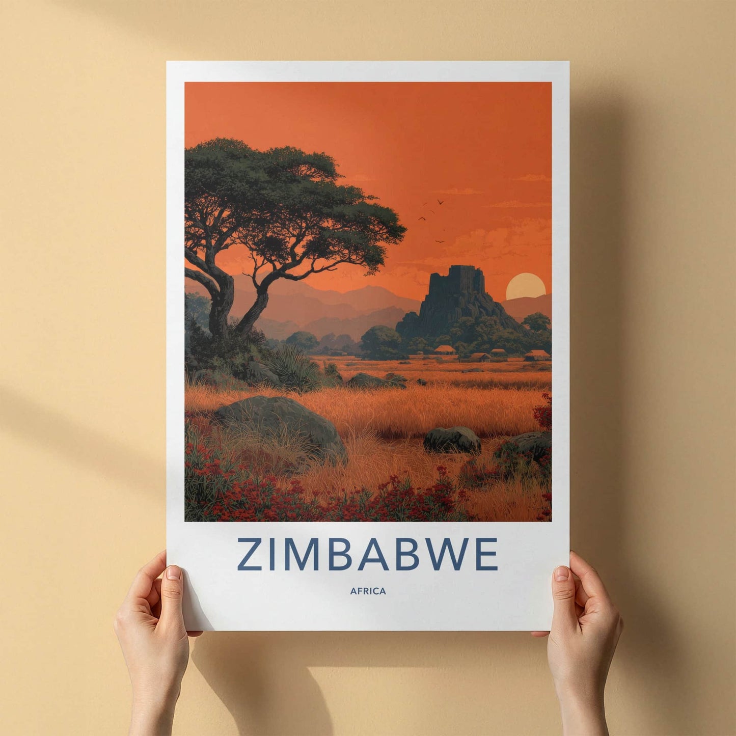 Zimbabwe Poster - Africa Travel Art - Ancient Ruins Sunset Home Decor