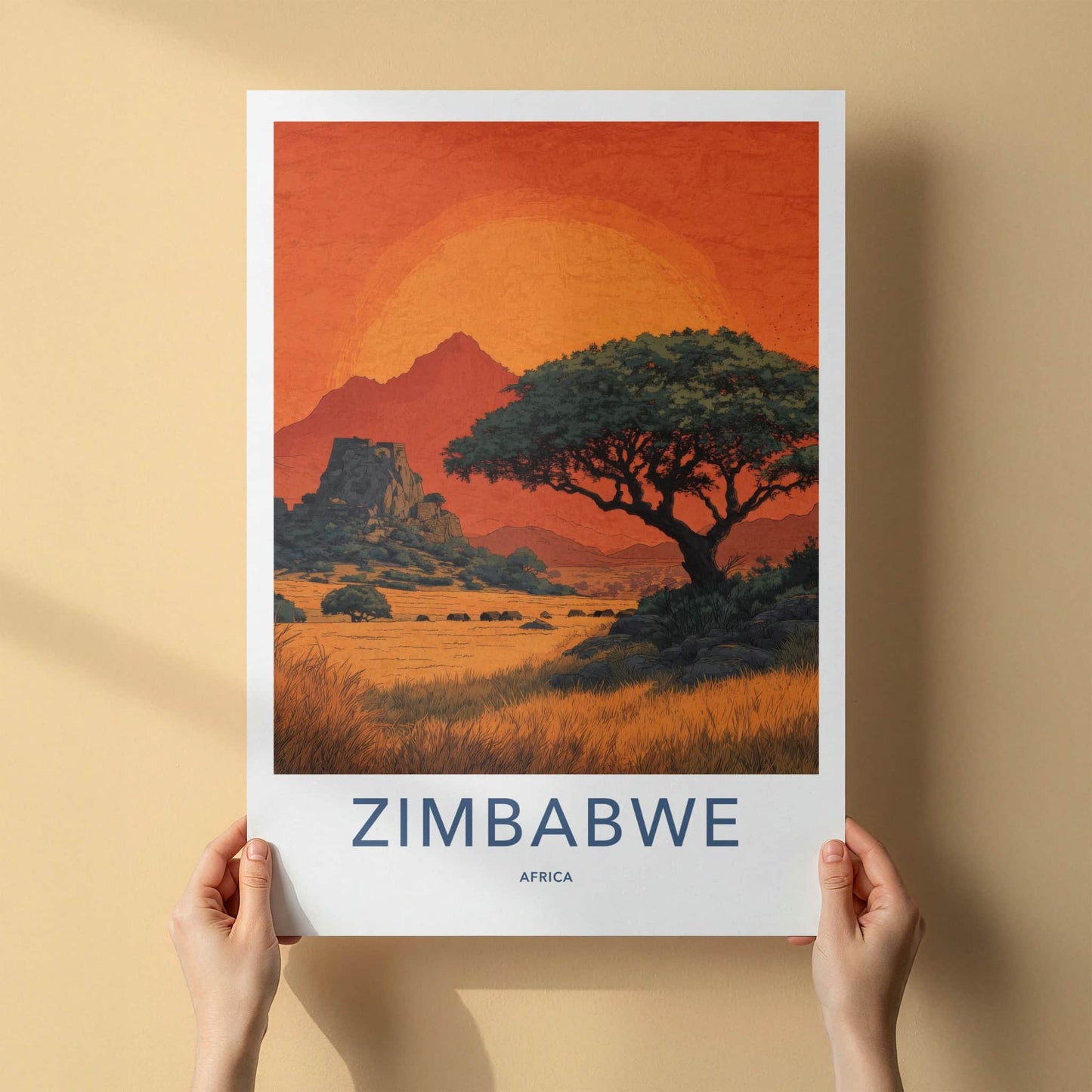 Zimbabwe Poster - Africa Travel Art - Vibrant Sunset Savannah Home Decor