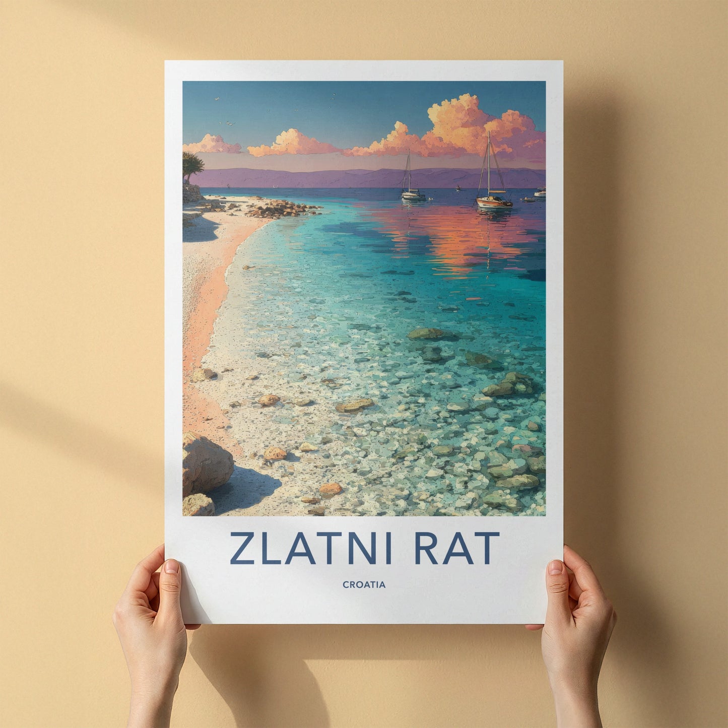 Zlatni Rat Poster - Croatia Travel Art - Calm Water Sailboats Wall Decor
