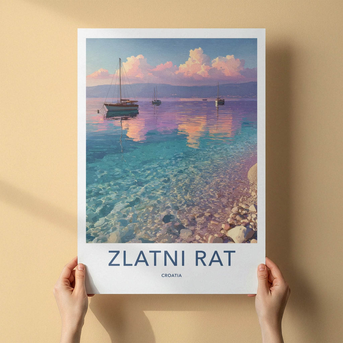 Zlatni Rat Poster - Croatia Travel Print - Coastal Boats Sunset Home Decor