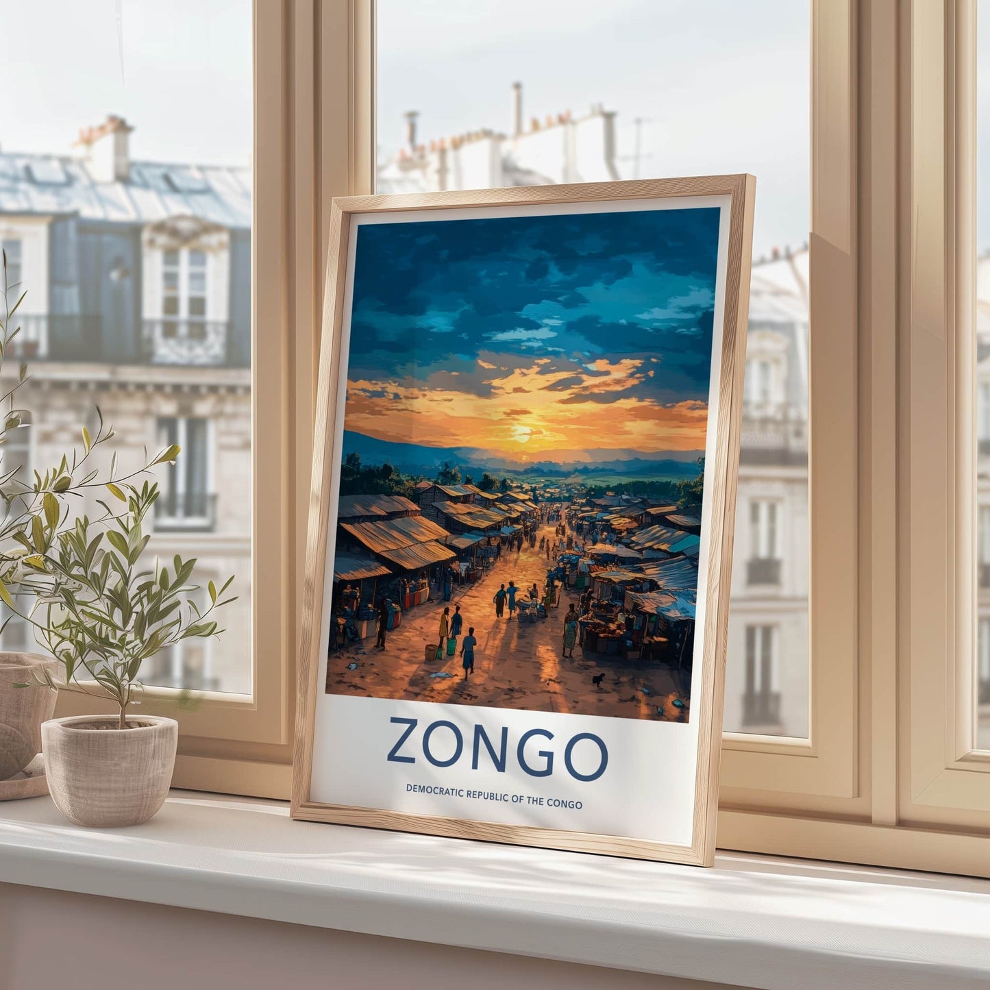 Zongo Poster - Congo Art Print - Bustling Market Sunset Home Decor