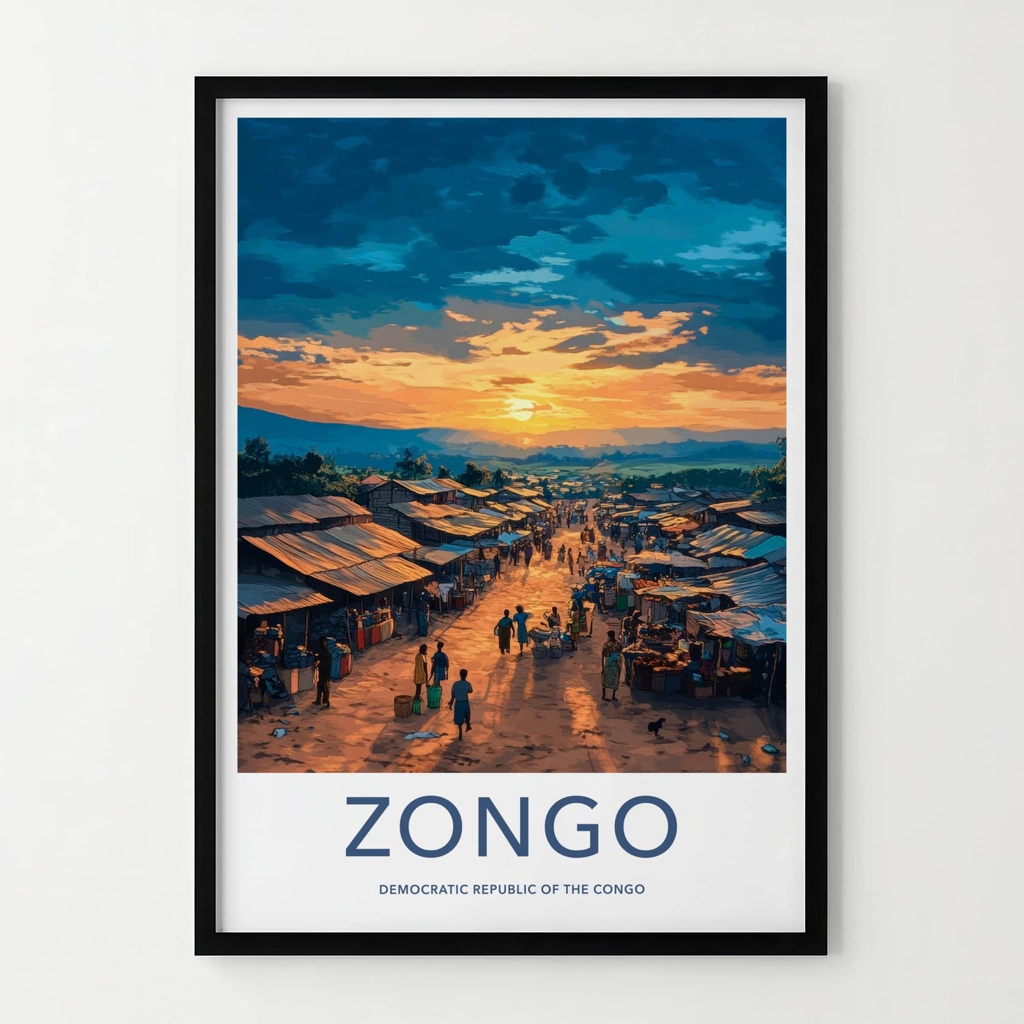 Zongo Poster - Congo Art Print - Bustling Market Sunset Home Decor