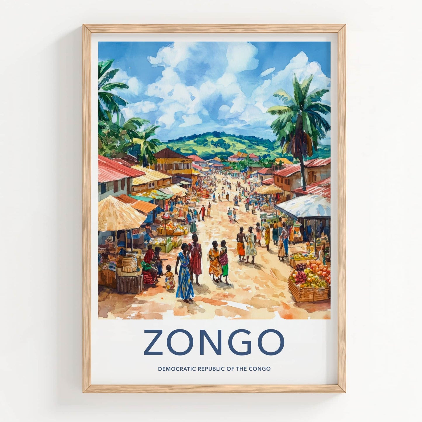 Zongo Poster - DR Congo Travel Print - Lively Market Vendors Wall Decor