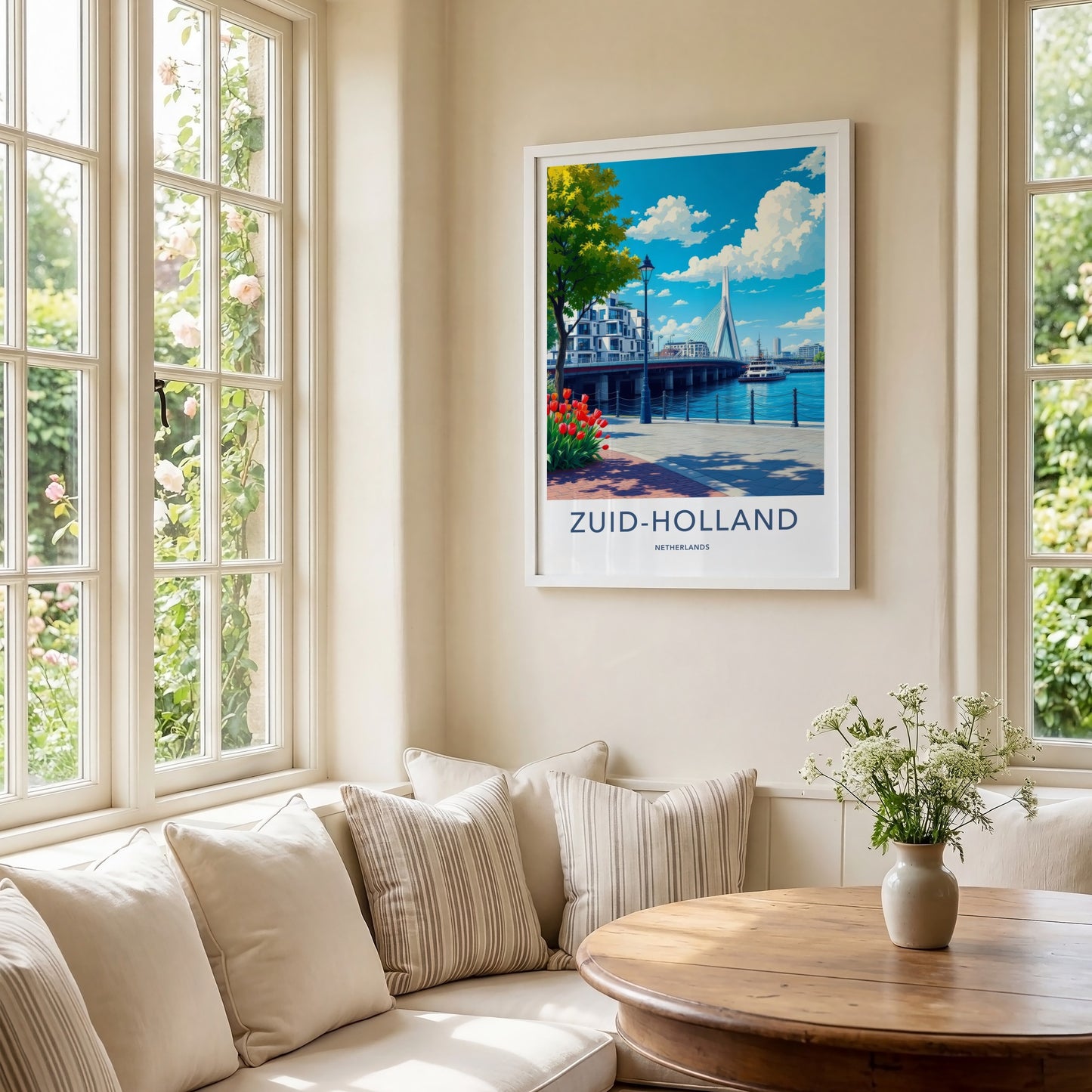 Zuid-Holland Poster - Netherlands Travel Print - Modern Bridge Waterfront Home Decor