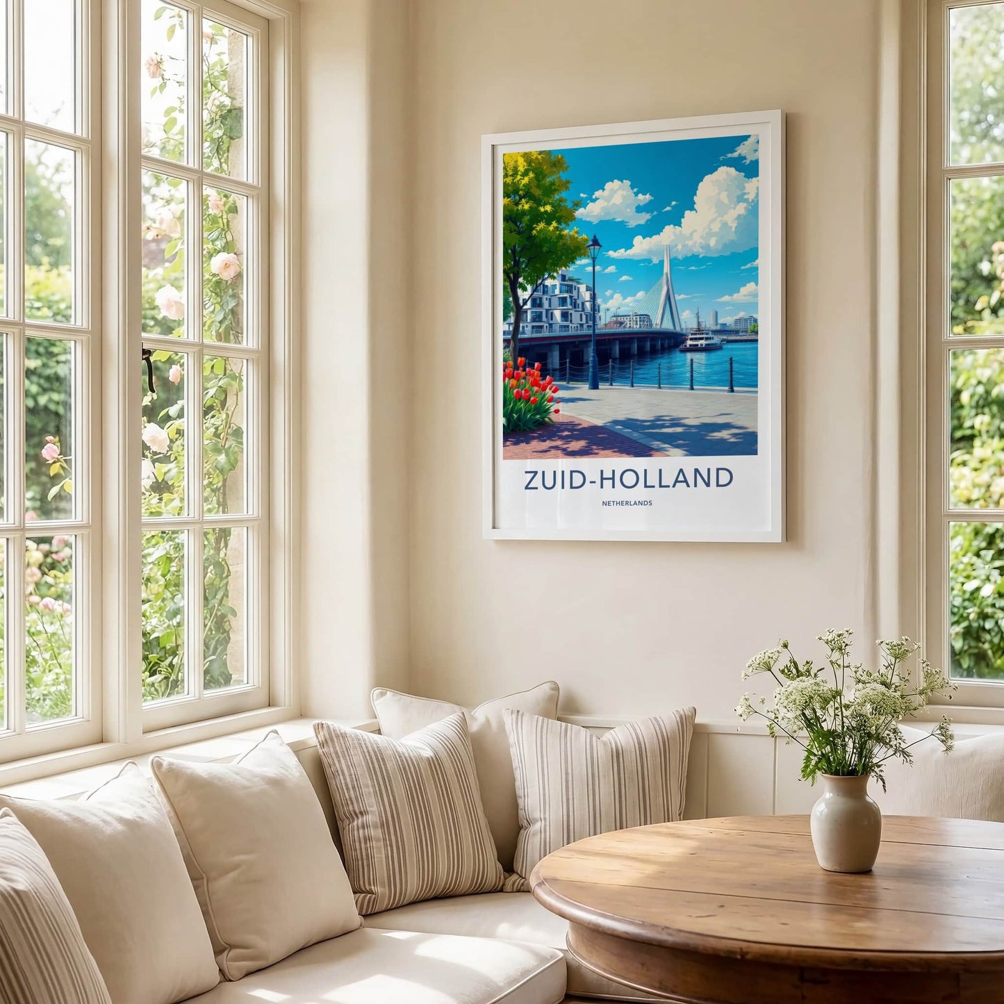 Zuid-Holland Poster - Netherlands Travel Print - Modern Bridge Waterfront Home Decor