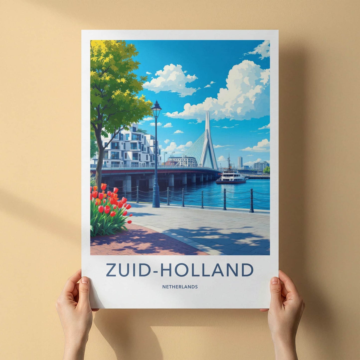Zuid-Holland Poster - Netherlands Travel Print - Modern Bridge Waterfront Home Decor