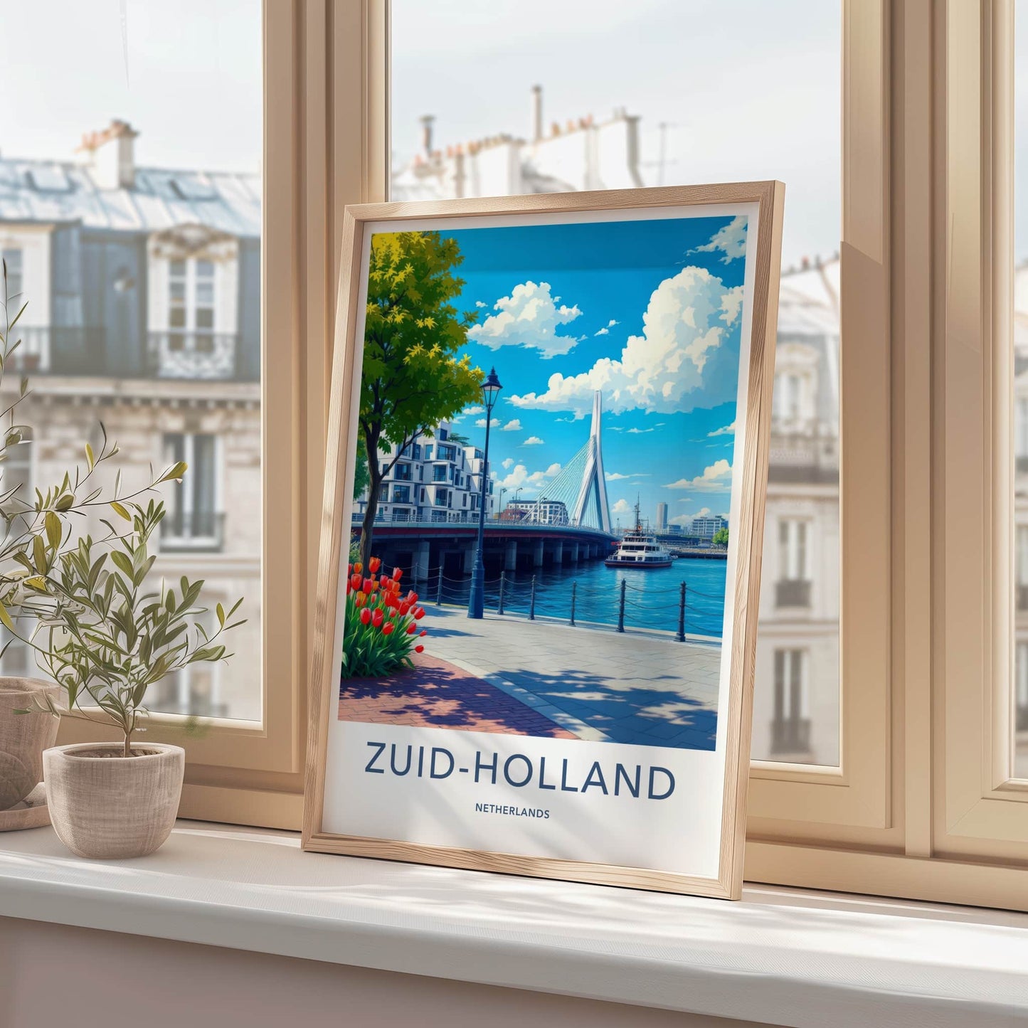 Zuid-Holland Poster - Netherlands Travel Print - Modern Bridge Waterfront Home Decor