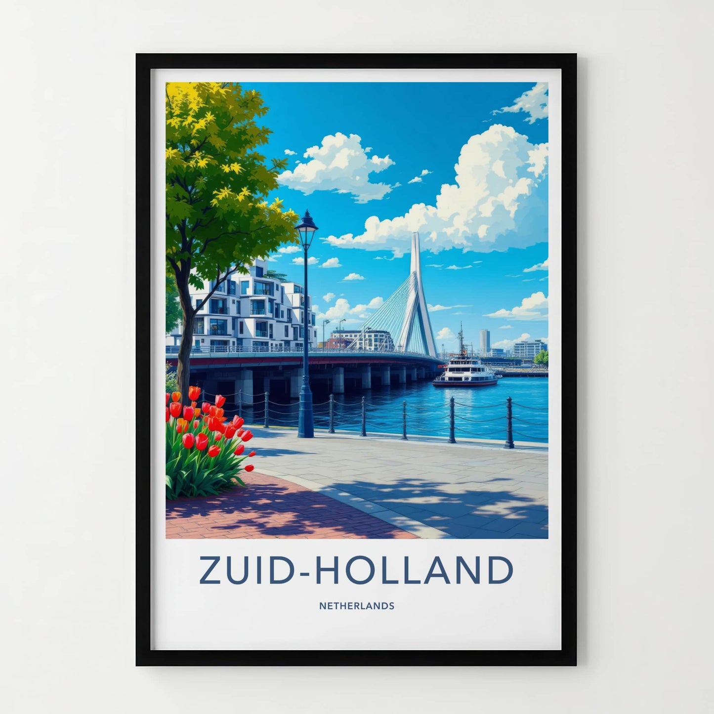 Zuid-Holland Poster - Netherlands Travel Print - Modern Bridge Waterfront Home Decor