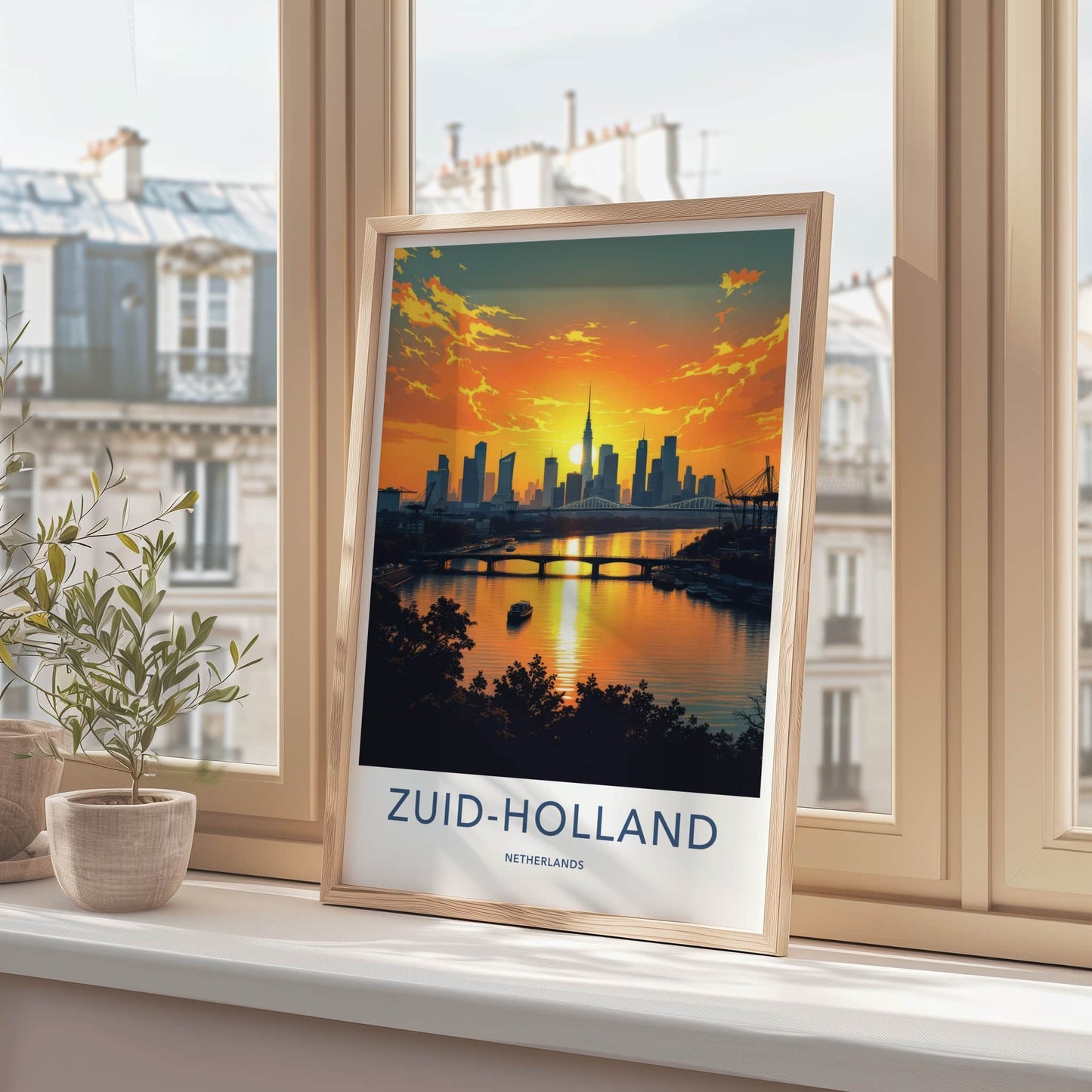 Zuid-Holland Poster - Netherlands Travel Print - Sunset City River Wall Decor