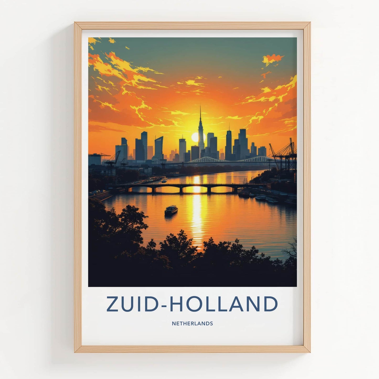 Zuid-Holland Poster - Netherlands Travel Print - Sunset City River Wall Decor