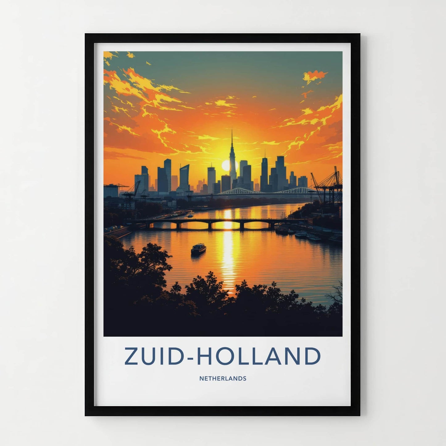 Zuid-Holland Poster - Netherlands Travel Print - Sunset City River Wall Decor