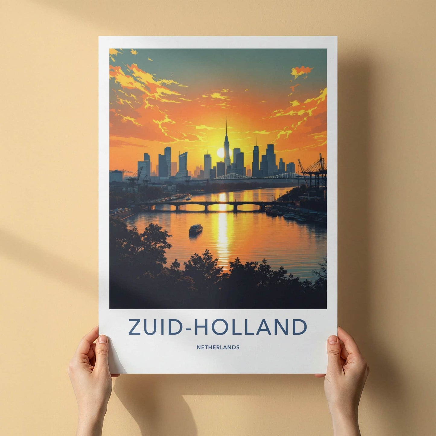 Zuid-Holland Poster - Netherlands Travel Print - Sunset City River Wall Decor