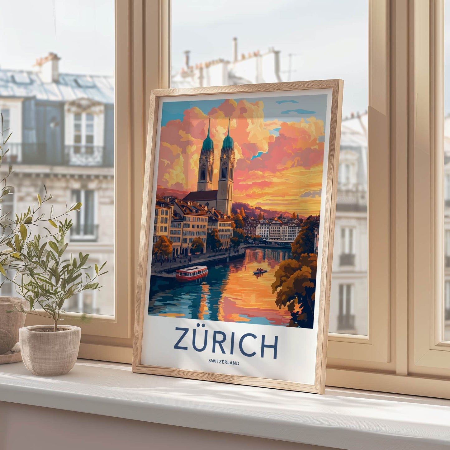 Zurich Poster - Switzerland Travel Art - City River Sunset Home Decor