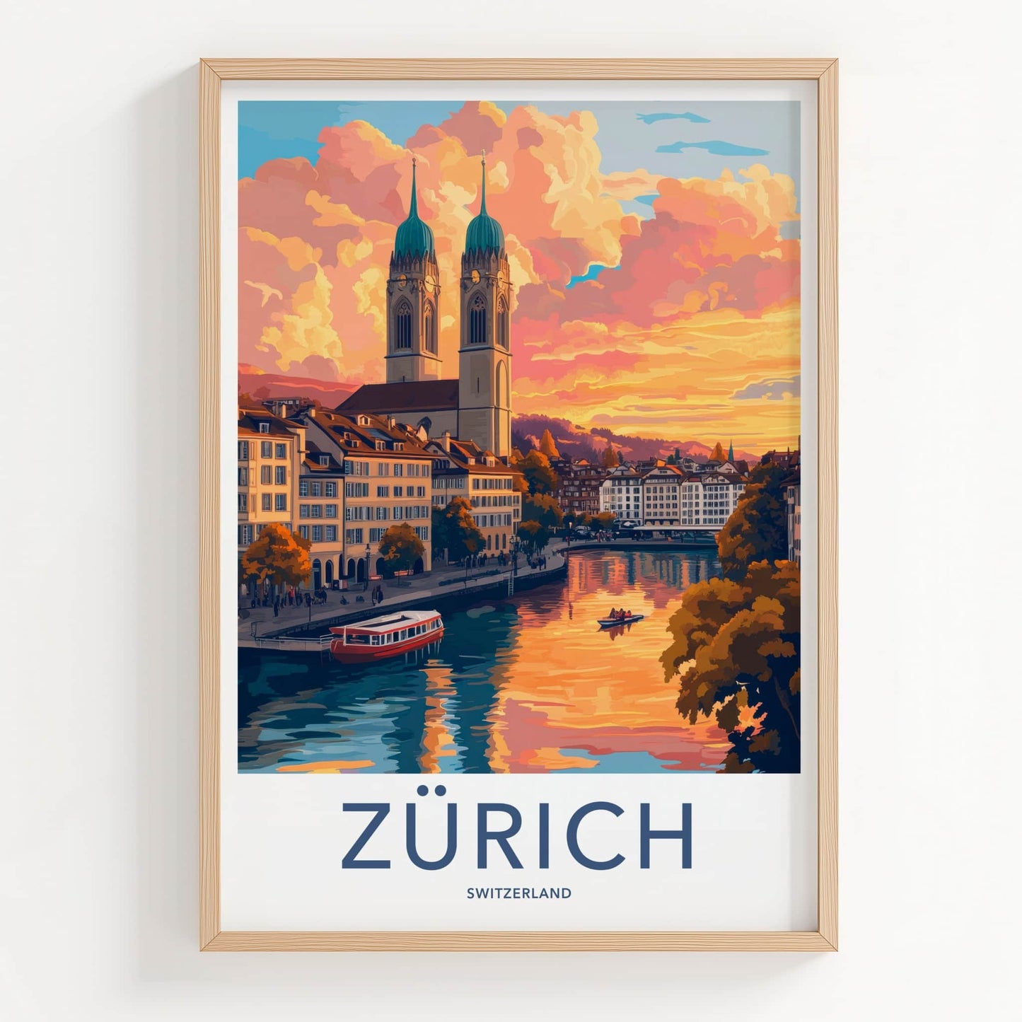 Zurich Poster - Switzerland Travel Art - City River Sunset Home Decor