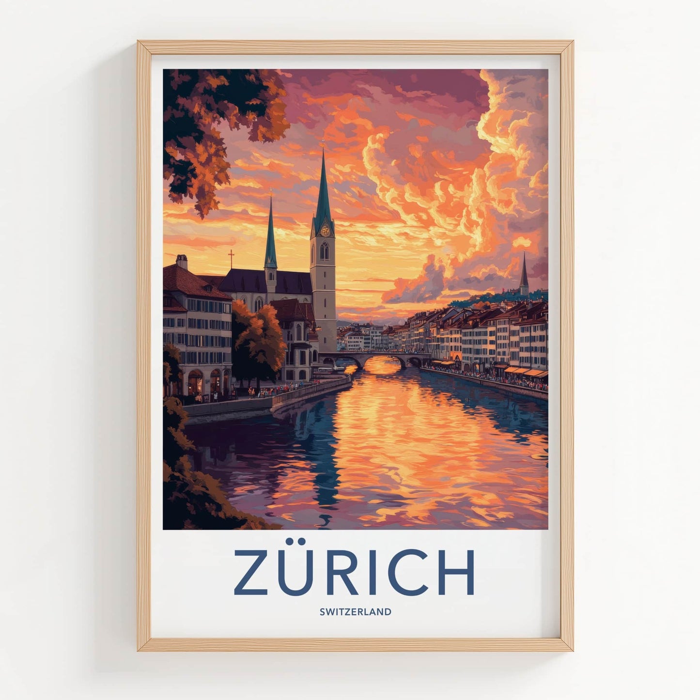 Zurich Poster - Switzerland Travel Art - Dramatic River Sunset Home Decor
