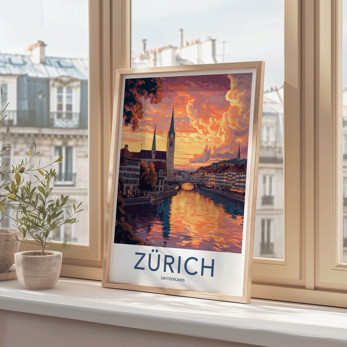Zurich Poster - Switzerland Travel Art - Dramatic River Sunset Home Decor